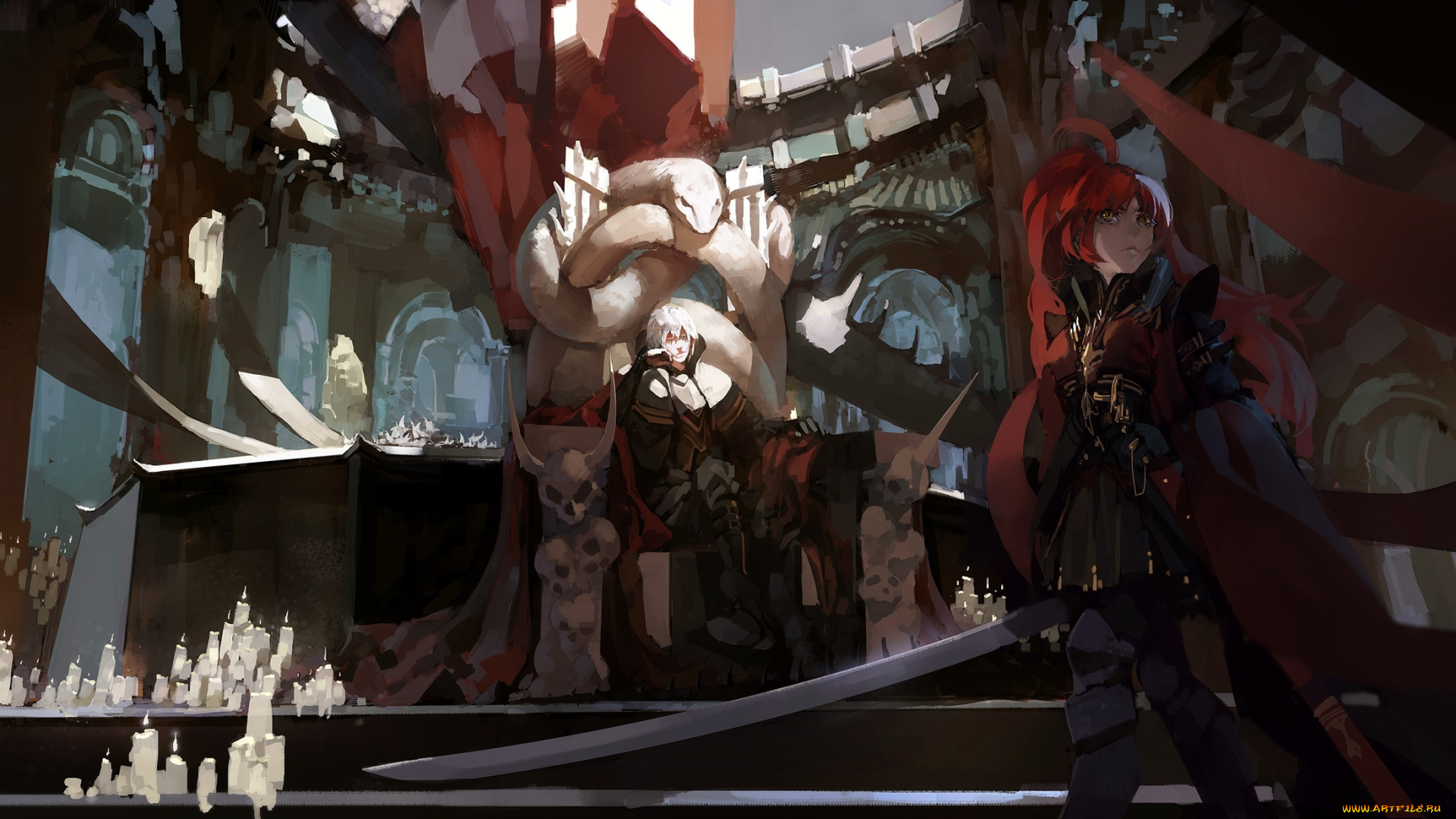 аниме, -weapon, , blood, &, technology, черепа, оружие, девушка, blueman, змея, трон, арт, парень, меч, свечи