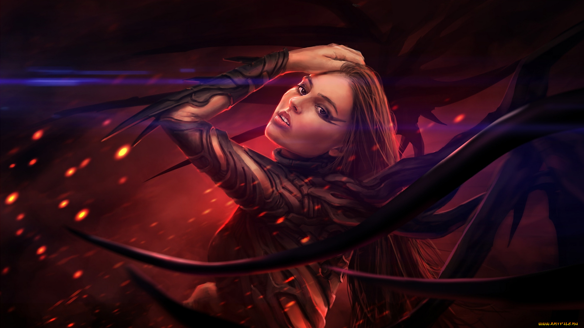 фэнтези, девушки, шипы, искры, поза, костюм, взгляд