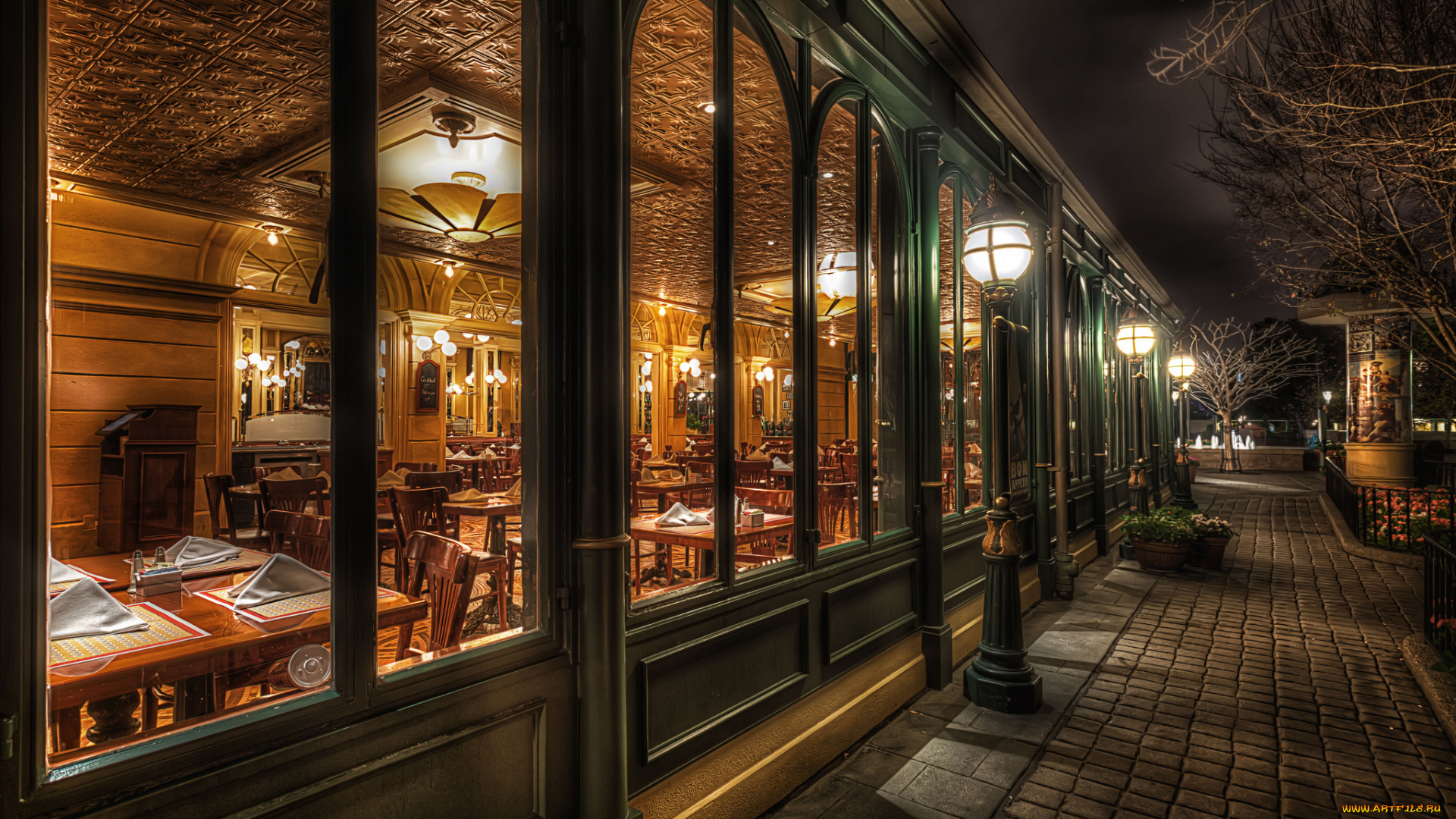 les, chefs, de, franc, города, диснейленд, огни, кафе, мостовая, вечер