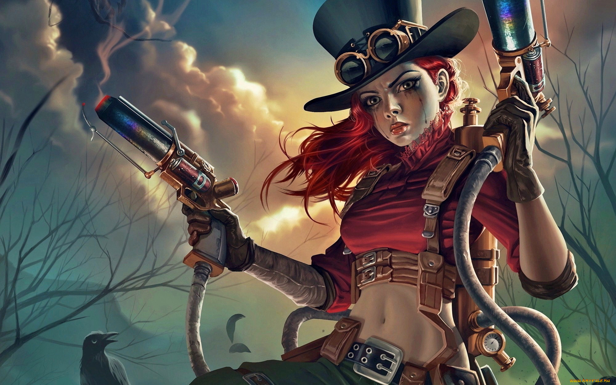 фэнтези, девушки, ворон, цилиндр, оружие, стимпанк, мир, девушка, иной