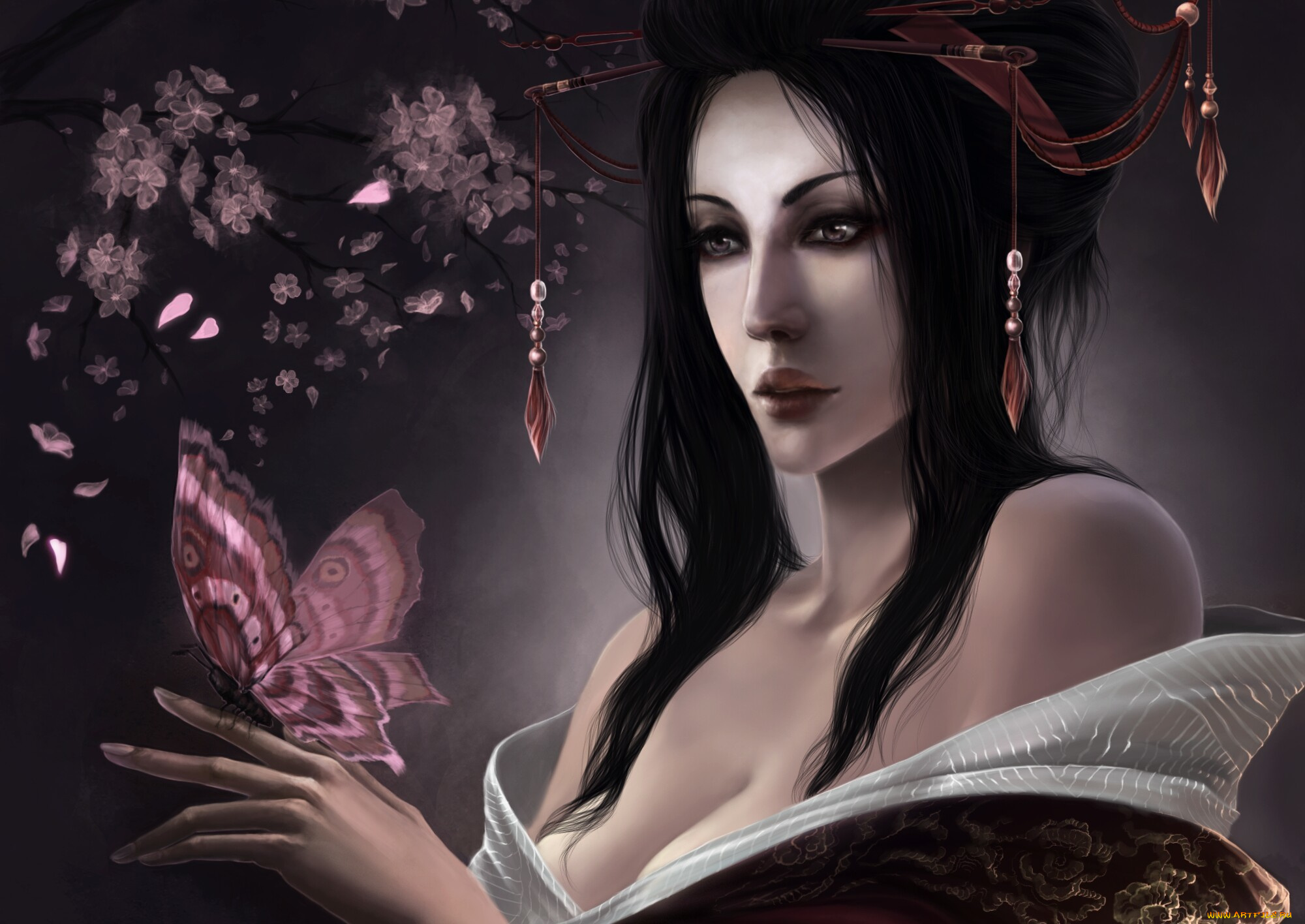 фэнтези, девушки, девушка, взгляд, бабочка, гейша