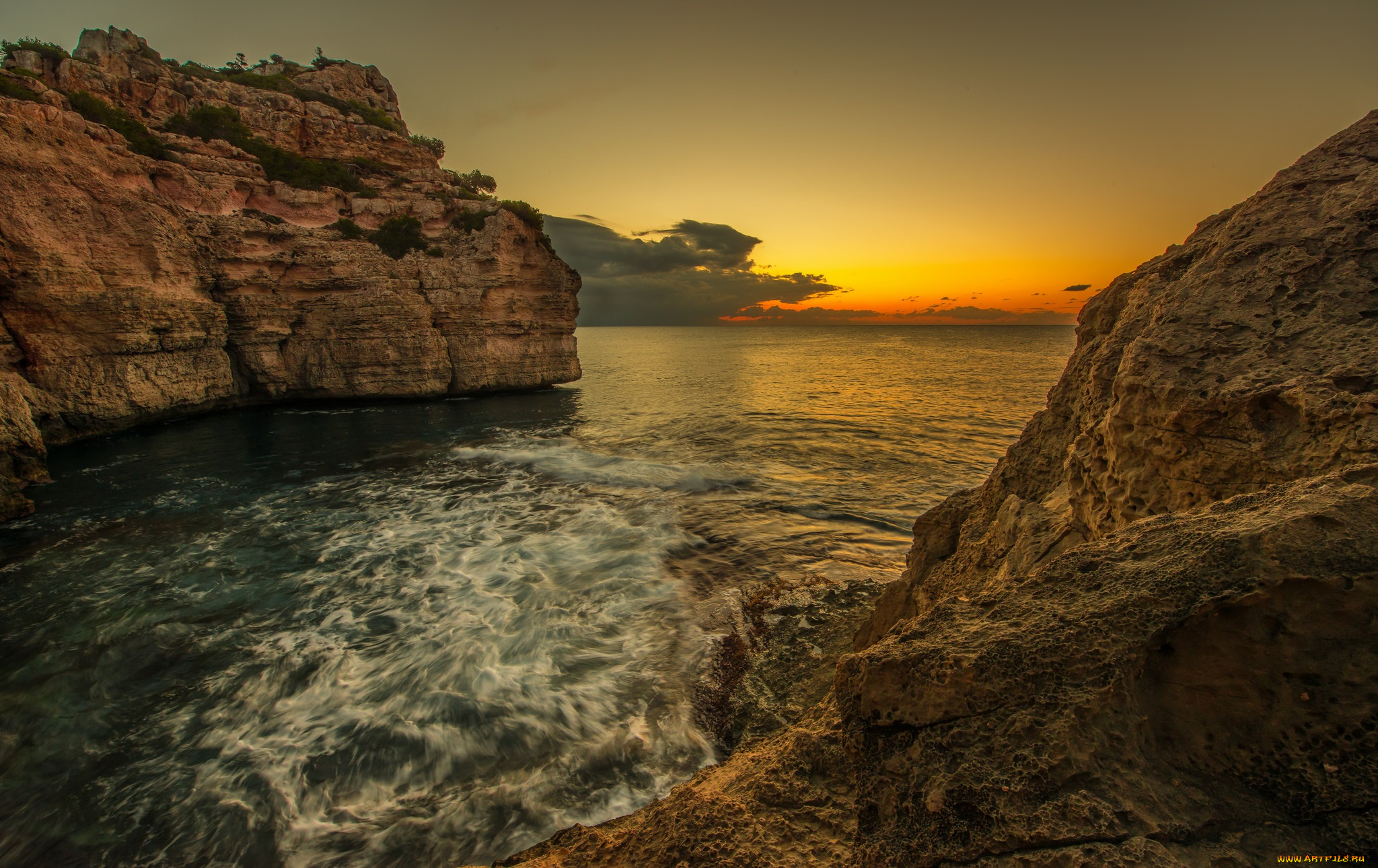 природа, побережье, зарево, скалы, бухта, океан