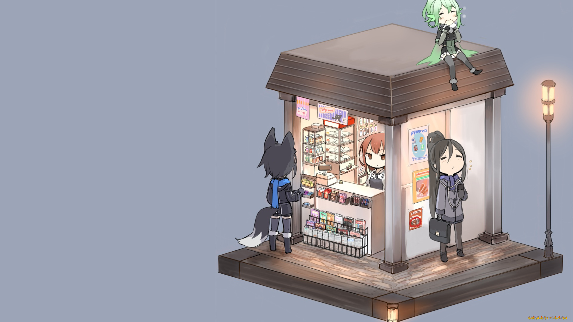 аниме, город, , улицы, , здания, киоск