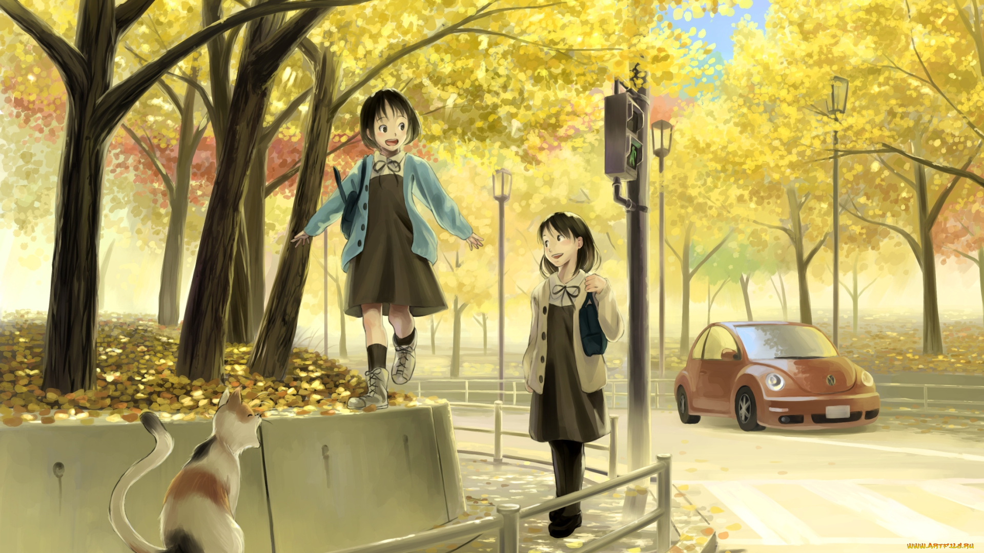 аниме, город, , улицы, , здания, улица, девушки, взгляд, фон, кот