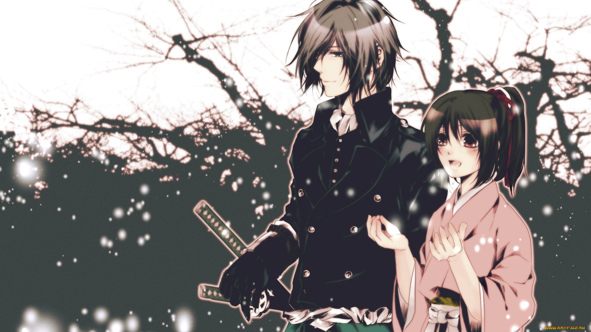 аниме, hakuoki, перчатки, меч, снег, улыбка, пара, девушка, парень, зима, оружие, saitou, hajime, yukimura, chizuru