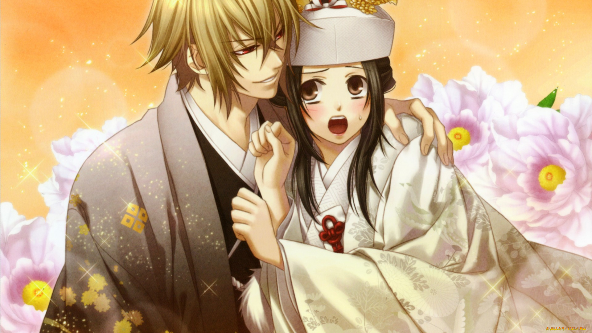 аниме, hakuoki, yukimura, chizuru, chigake, kazama, девушка, парень, цветы, кимоно