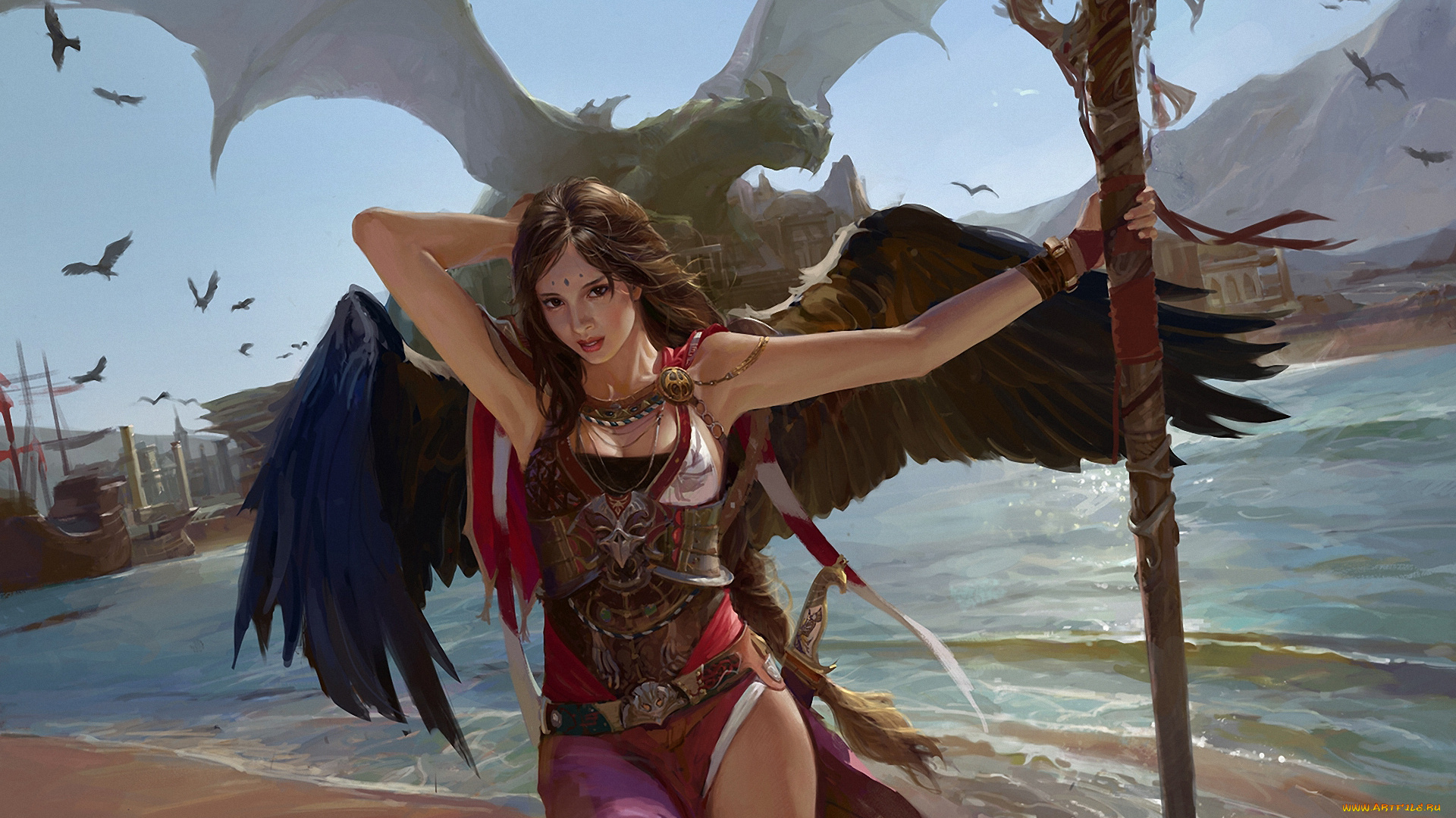 фэнтези, ангелы, фон, взгляд, девушка