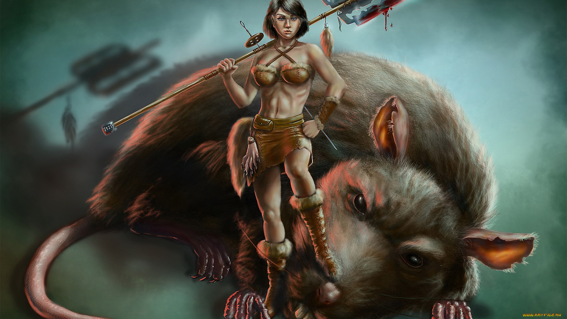 фэнтези, красавицы, и, чудовища, оружие, воин, крыса, девушка, гигантская