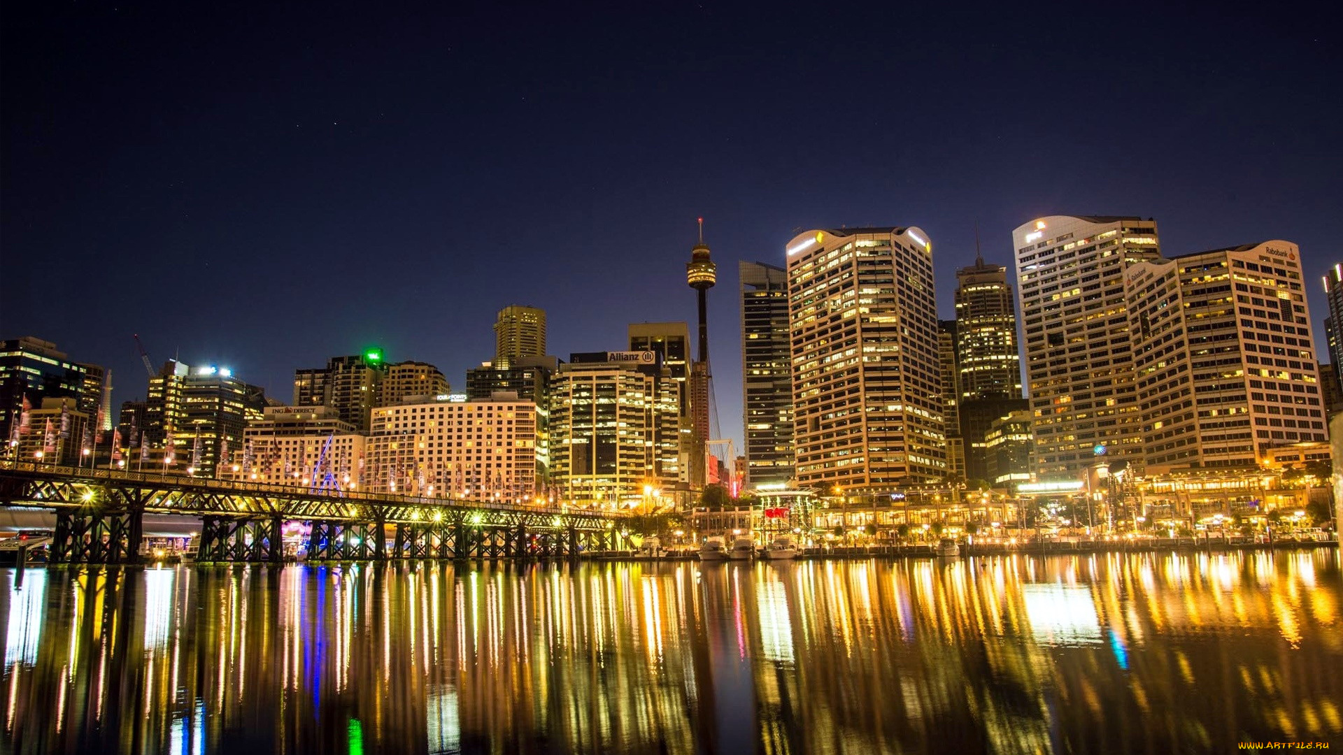 города, сидней, , австралия, вечер, вода, огни, отражение