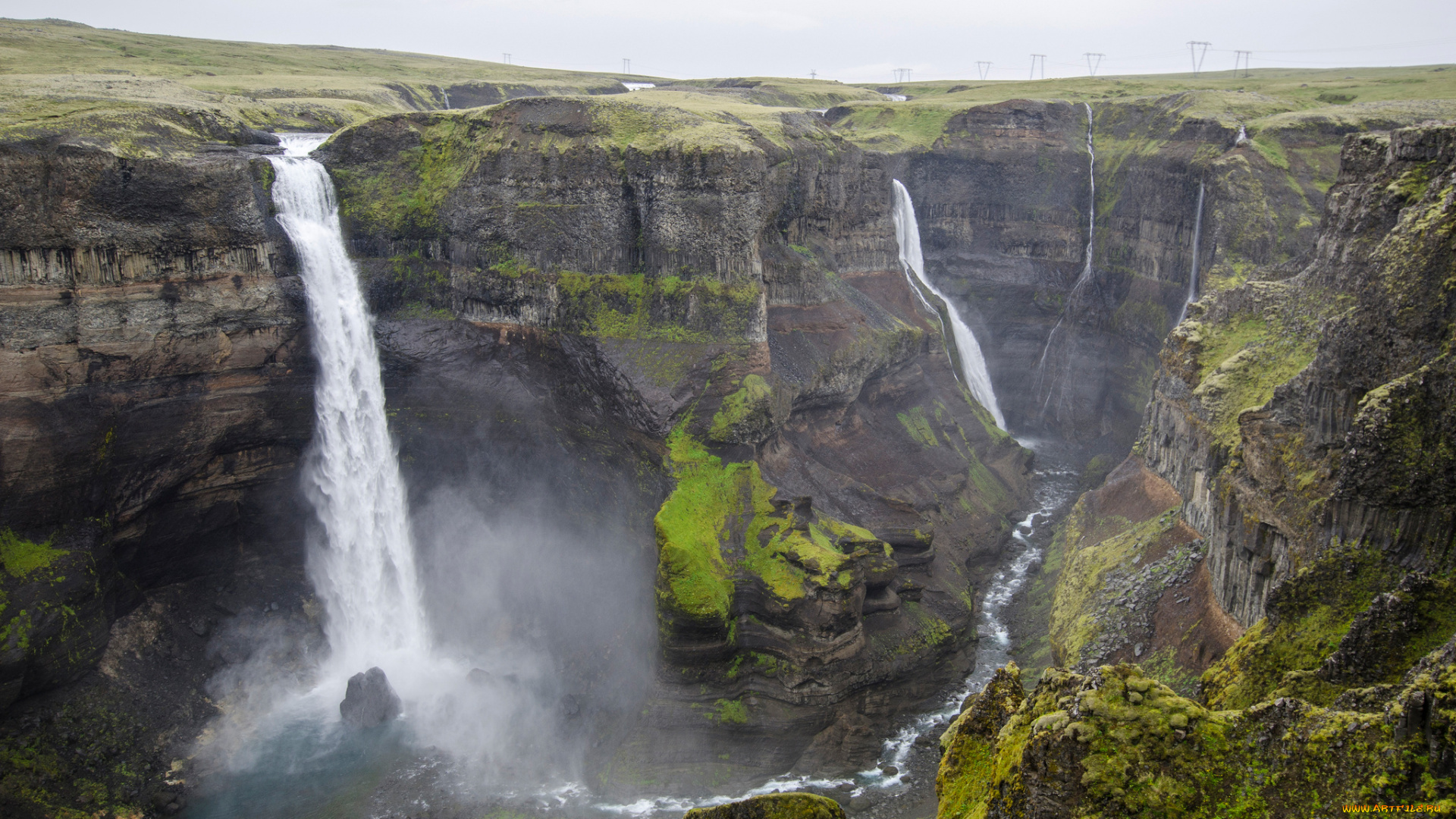 природа, водопады, небо, река, водопад, ущелье, обрыв