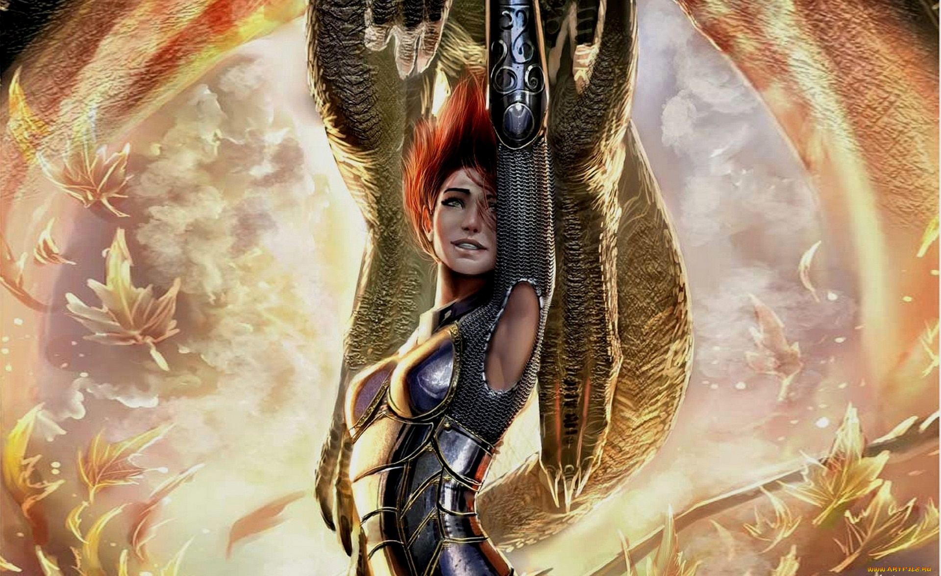 фэнтези, красавицы, и, чудовища, дракон, листья, рыжая, девушка, амуниция, кольчуга, латы