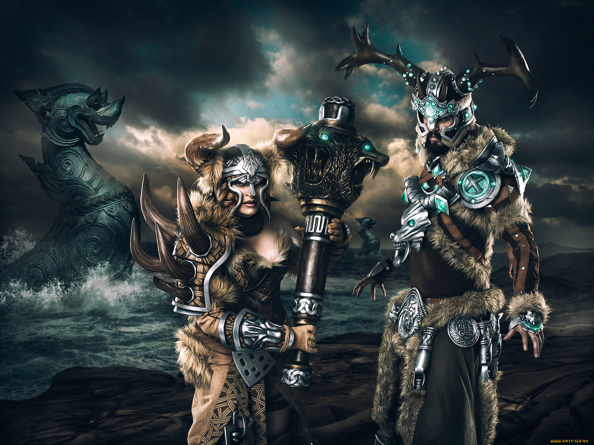 фэнтези, фотоарт, воины, море, мужчина, девушка, ладья, викинги