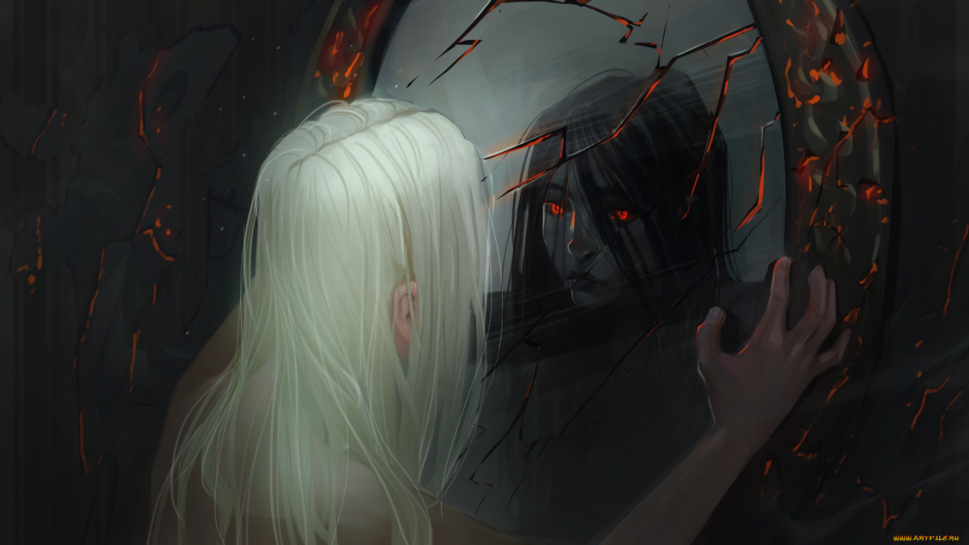 фэнтези, демоны, девушка, трещины, отражение, зеркало, демон