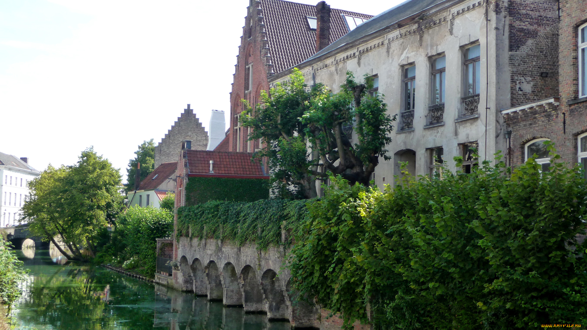 города, брюгге, , бельгия, канал, мост, дома, деревья, зелень, кусты, bruges
