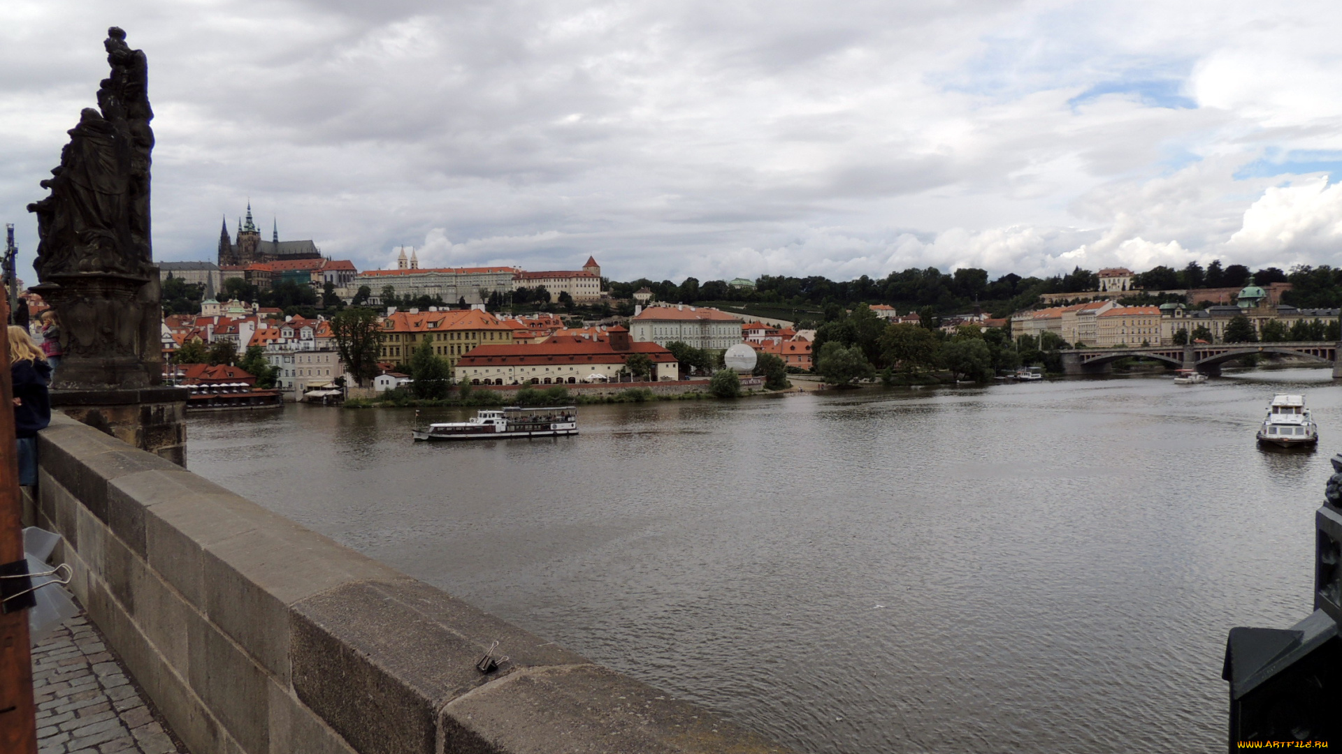 города, прага, , Чехия, мост, река, теплоходы