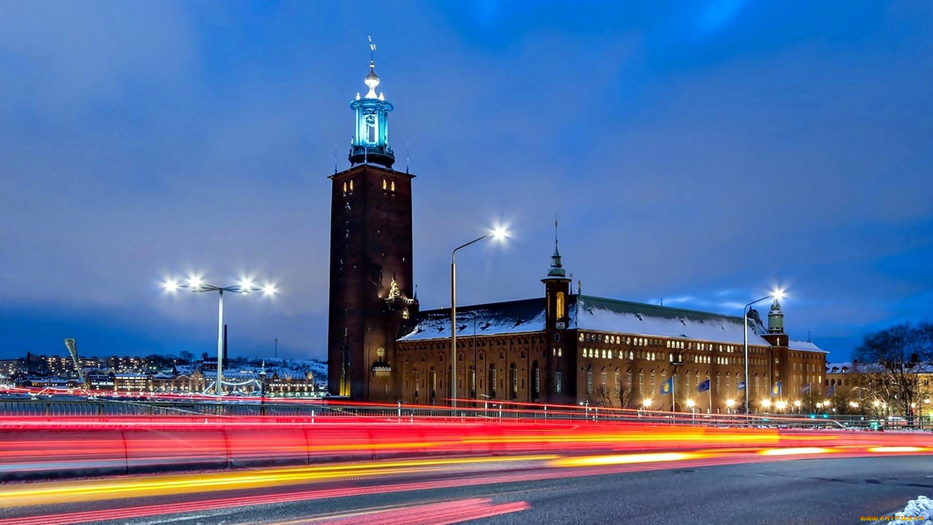 города, стокгольм, , швеция, башня, фонари, дорога, вечер