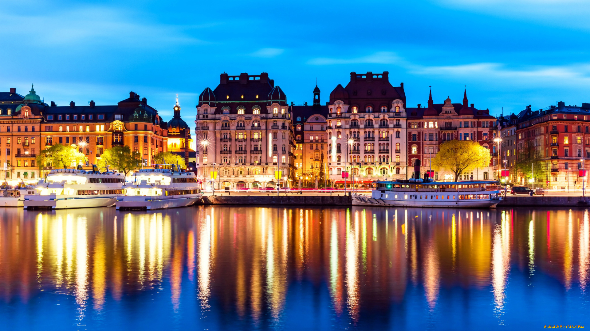 города, стокгольм, , швеция, вечер, огни, теплоходы, река
