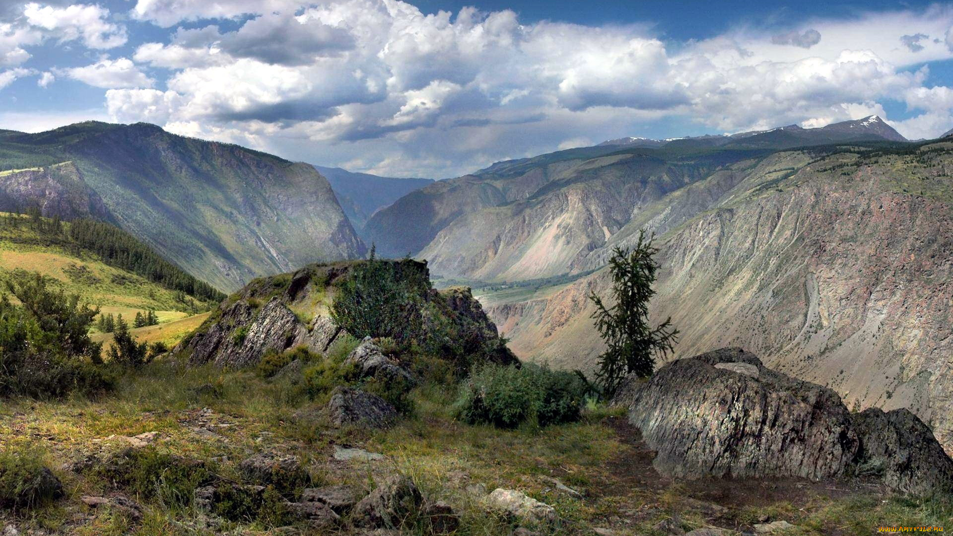 природа, горы, камни, вершины, облака