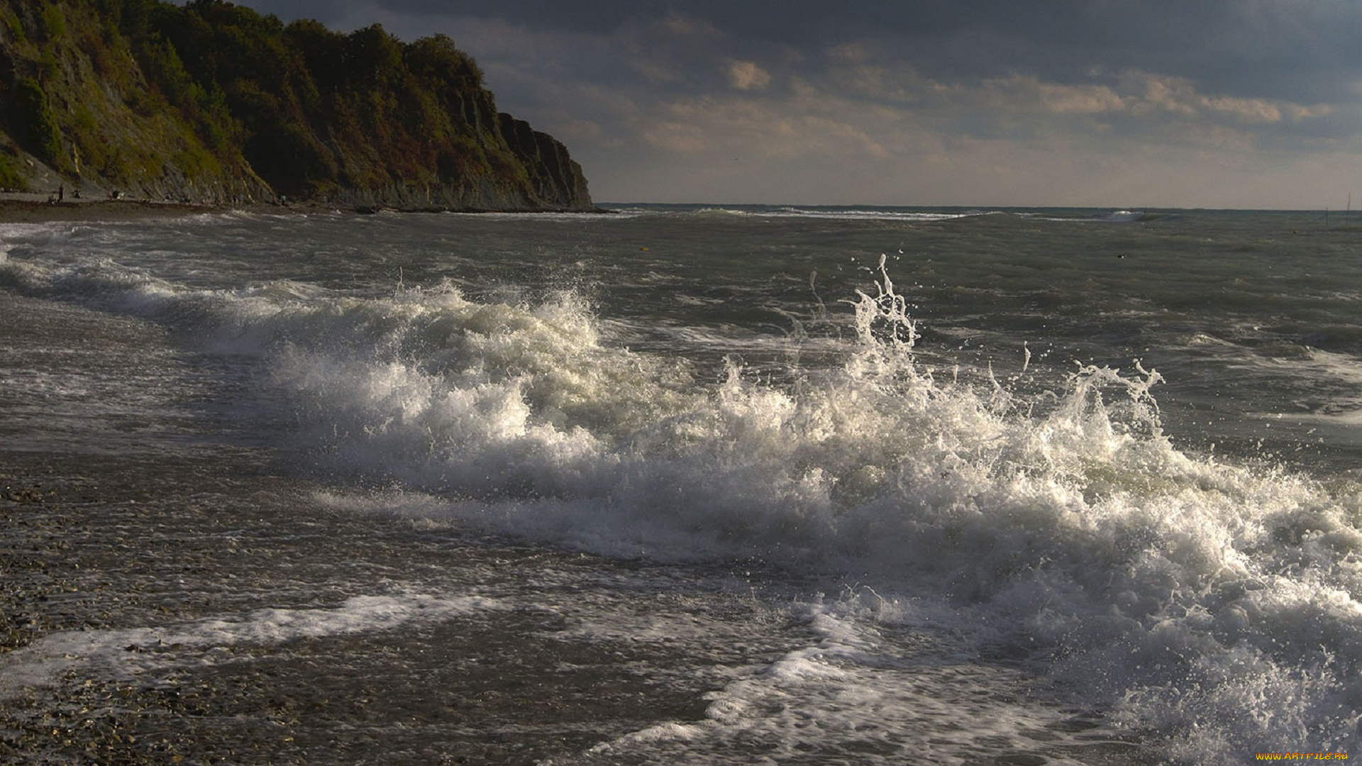 природа, побережье, обрыв, берег, пена, прибой, хмурое, небо, море