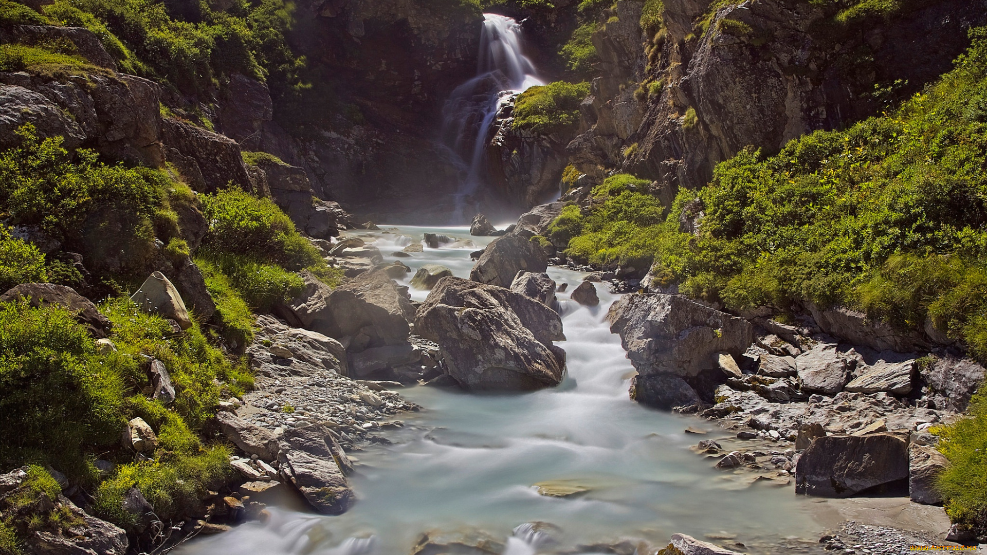 природа, водопады, поток, скала