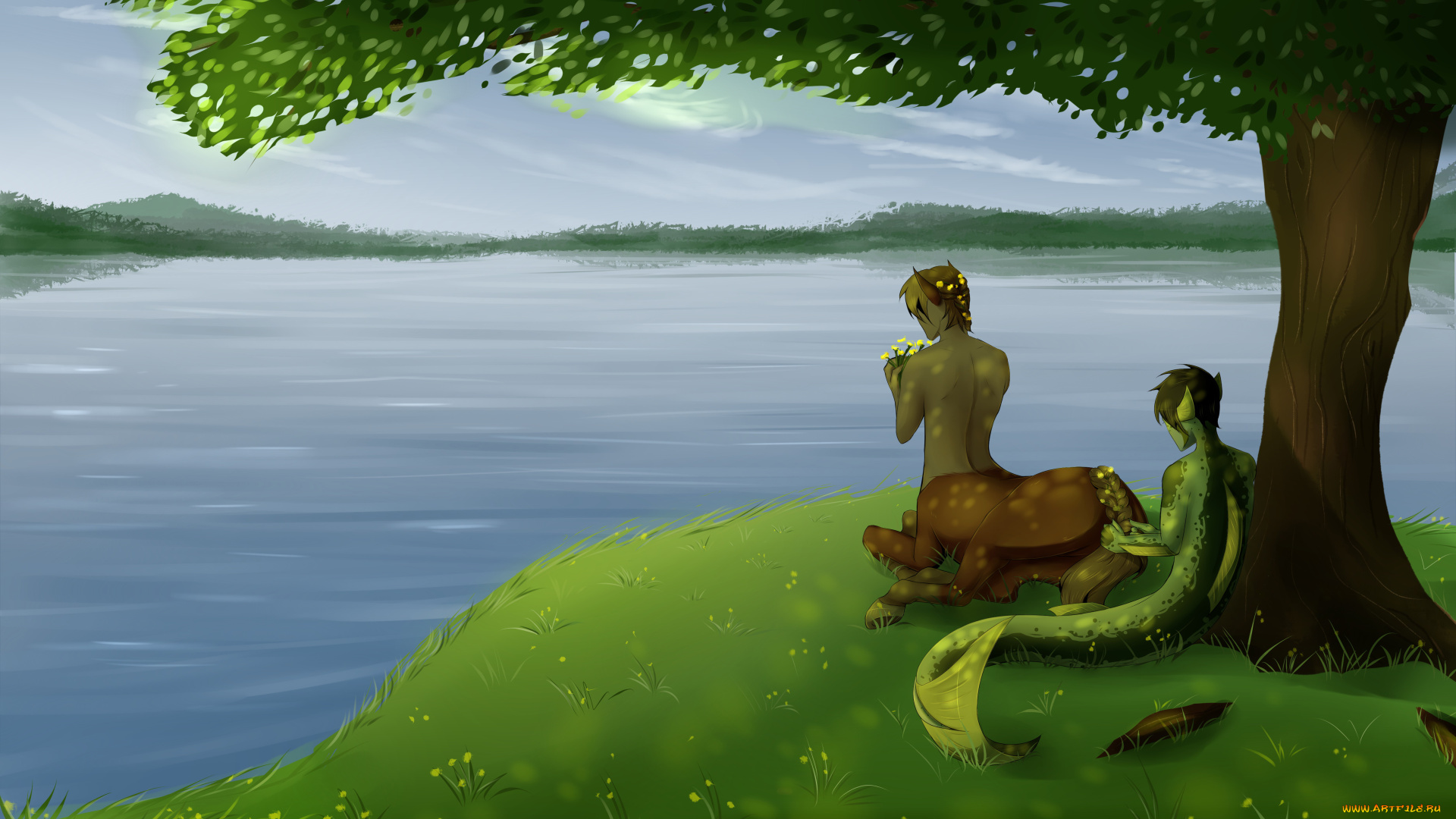 рисованное, комиксы, озеро, существа, фон