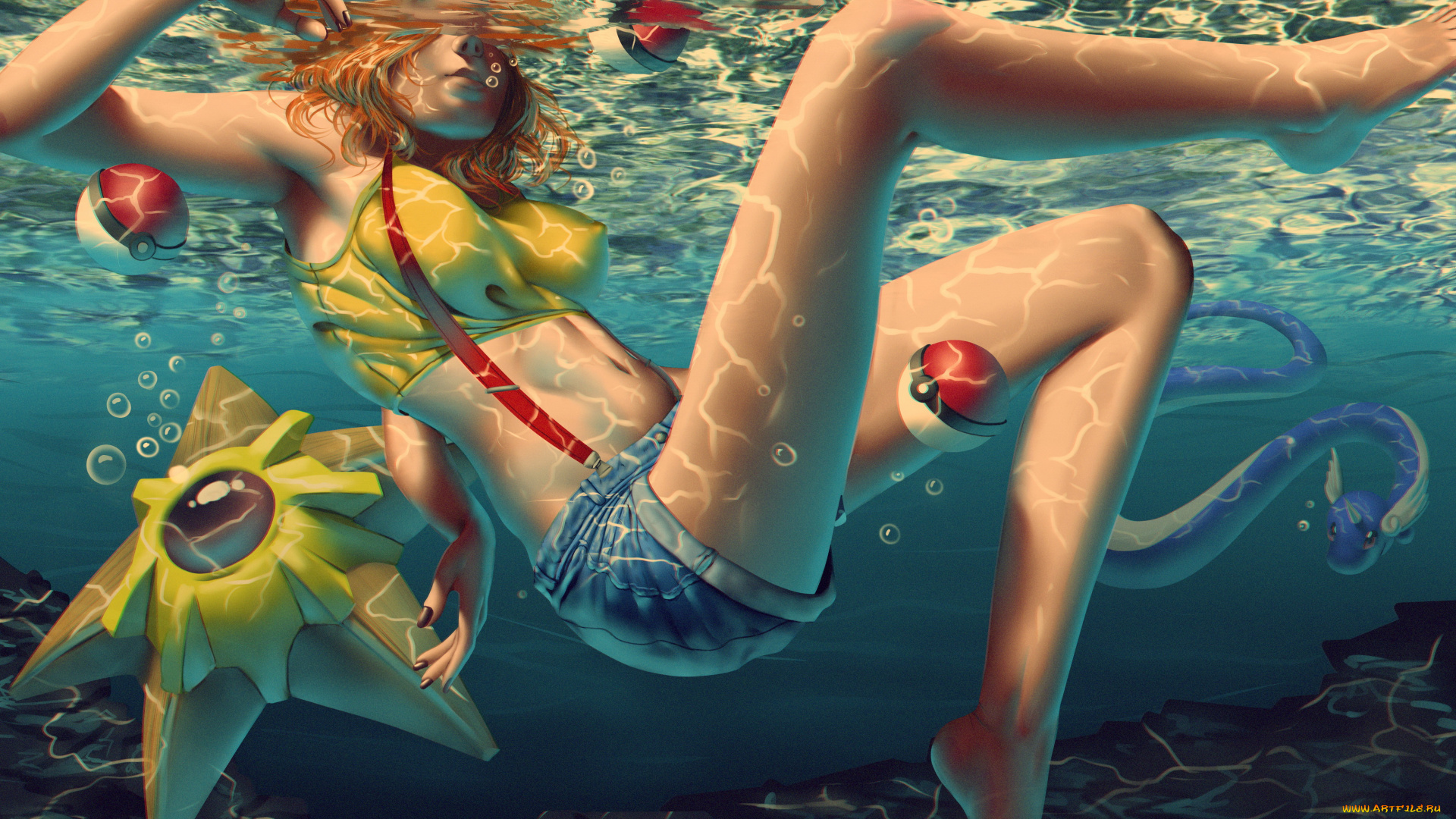 рисованное, люди, фон, девушка, вода