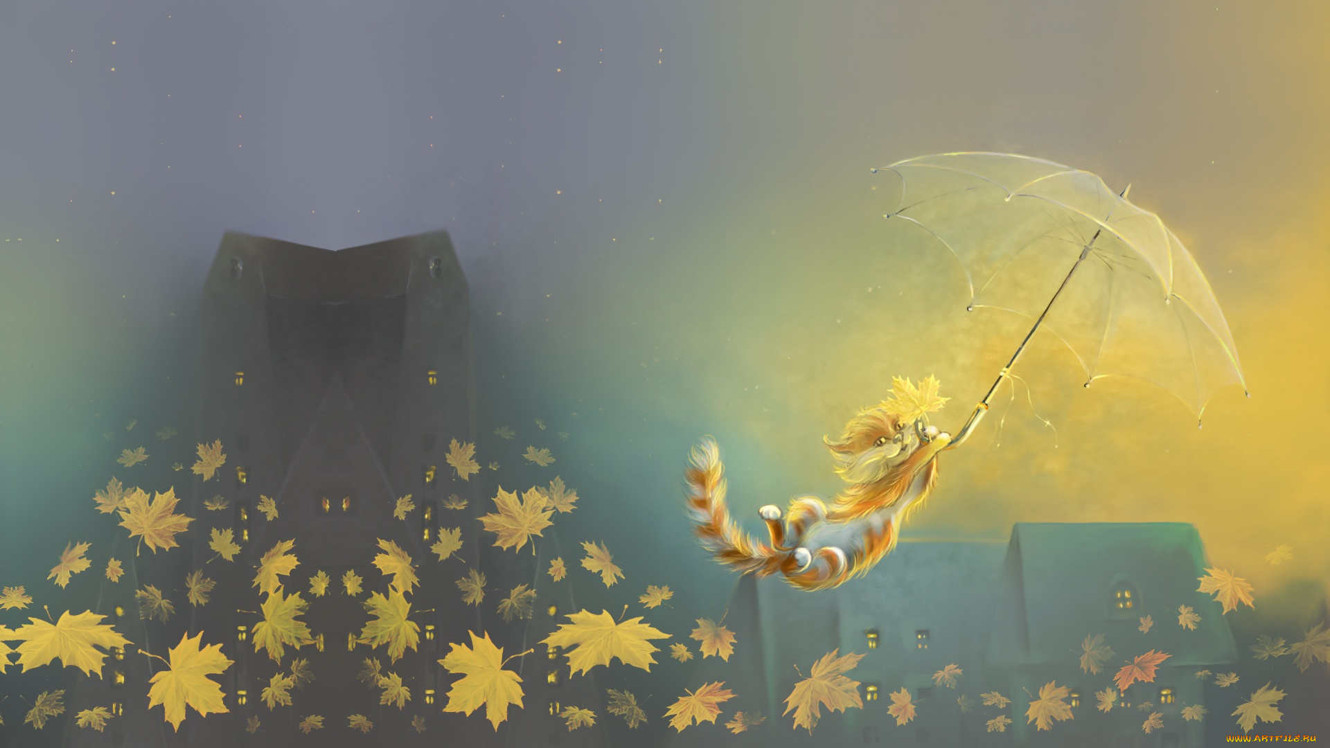 рисованное, животные, , коты, зонтик, листья, осень, настроение, ветер, котик, арт, полёт