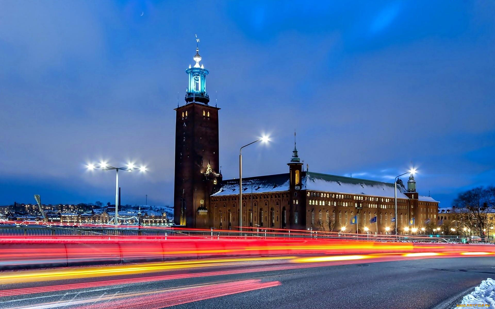 города, стокгольм, , швеция, башня, фонари, дорога, вечер