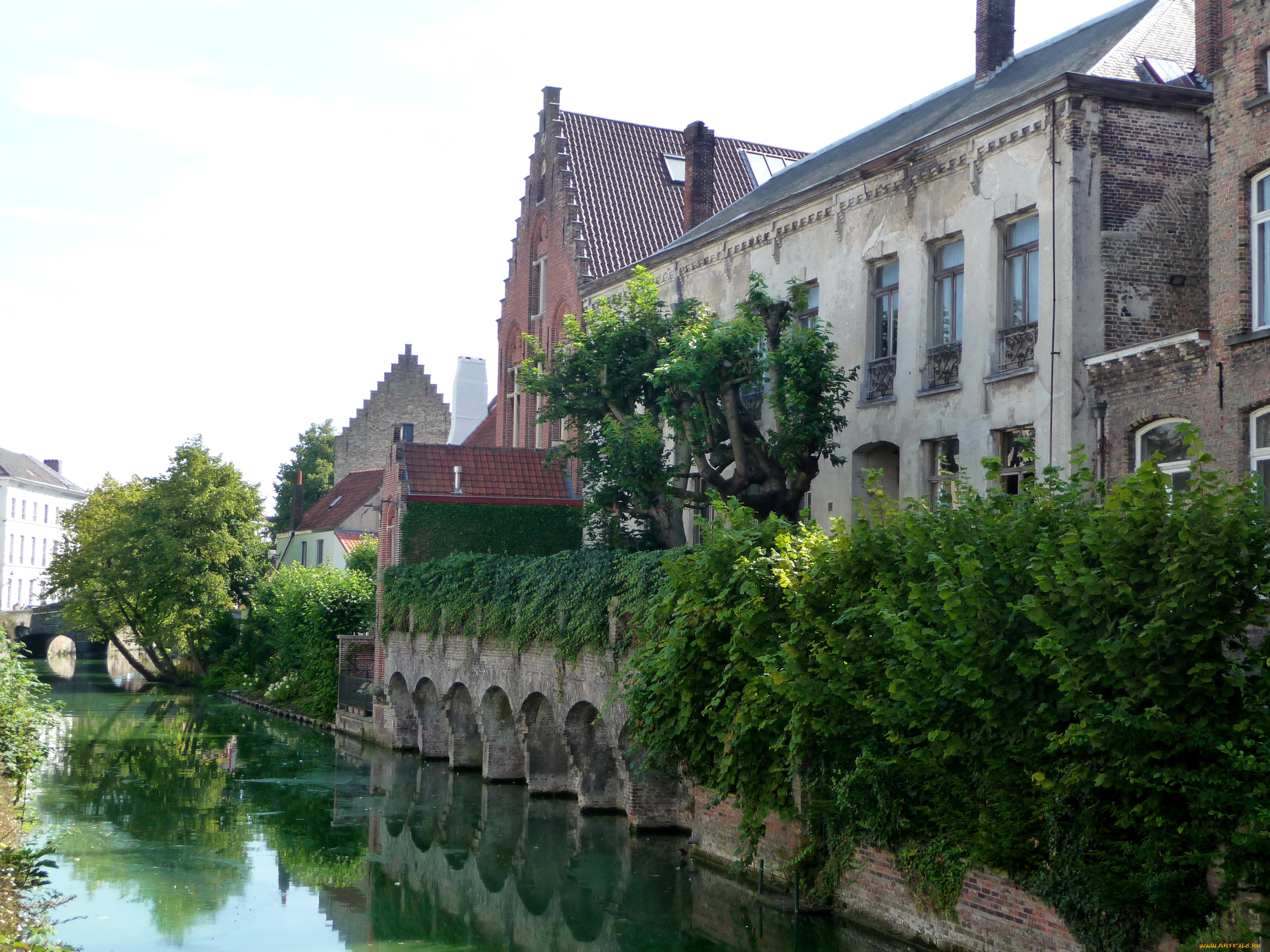 города, брюгге, , бельгия, канал, мост, дома, деревья, зелень, кусты, bruges