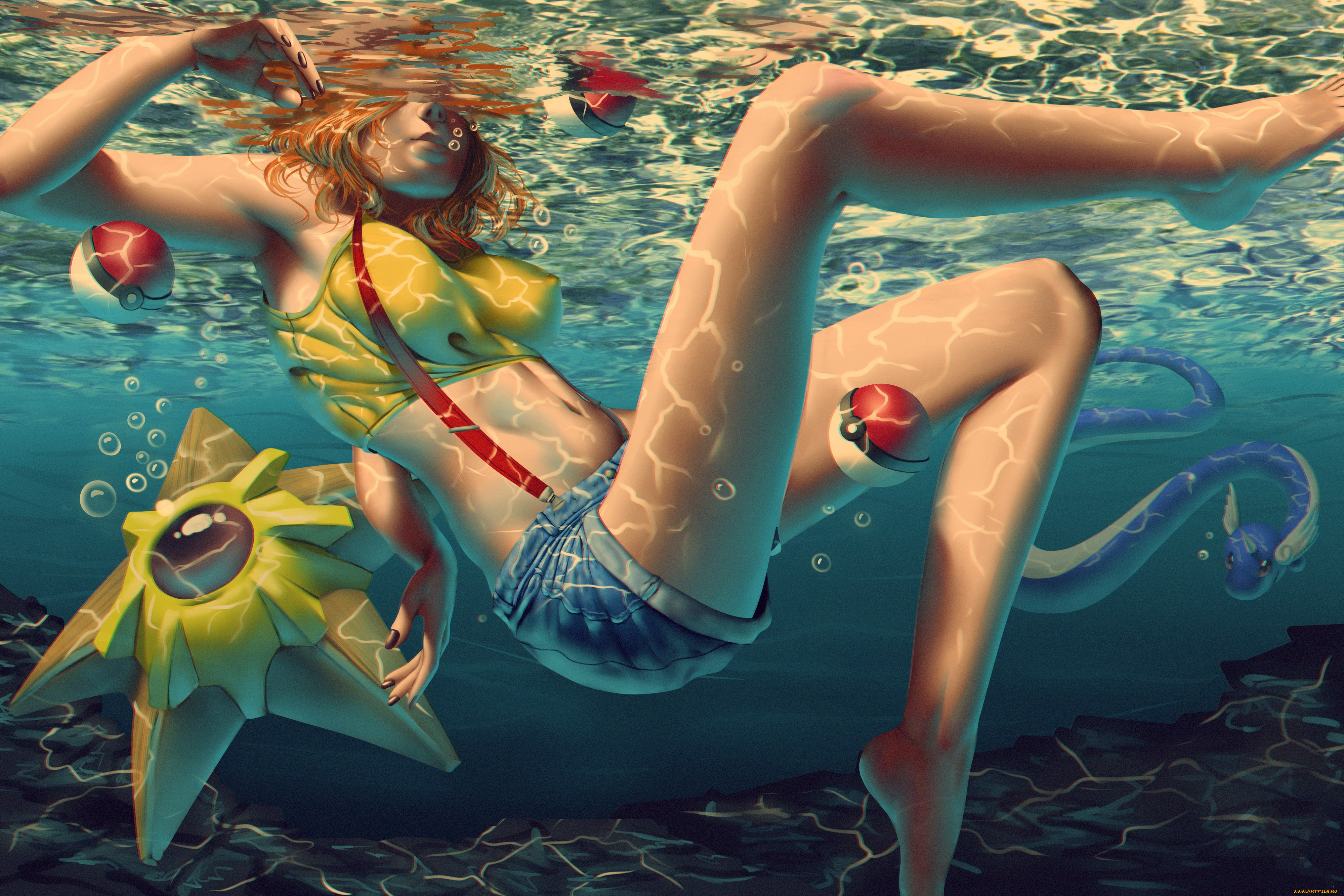 рисованное, люди, фон, девушка, вода