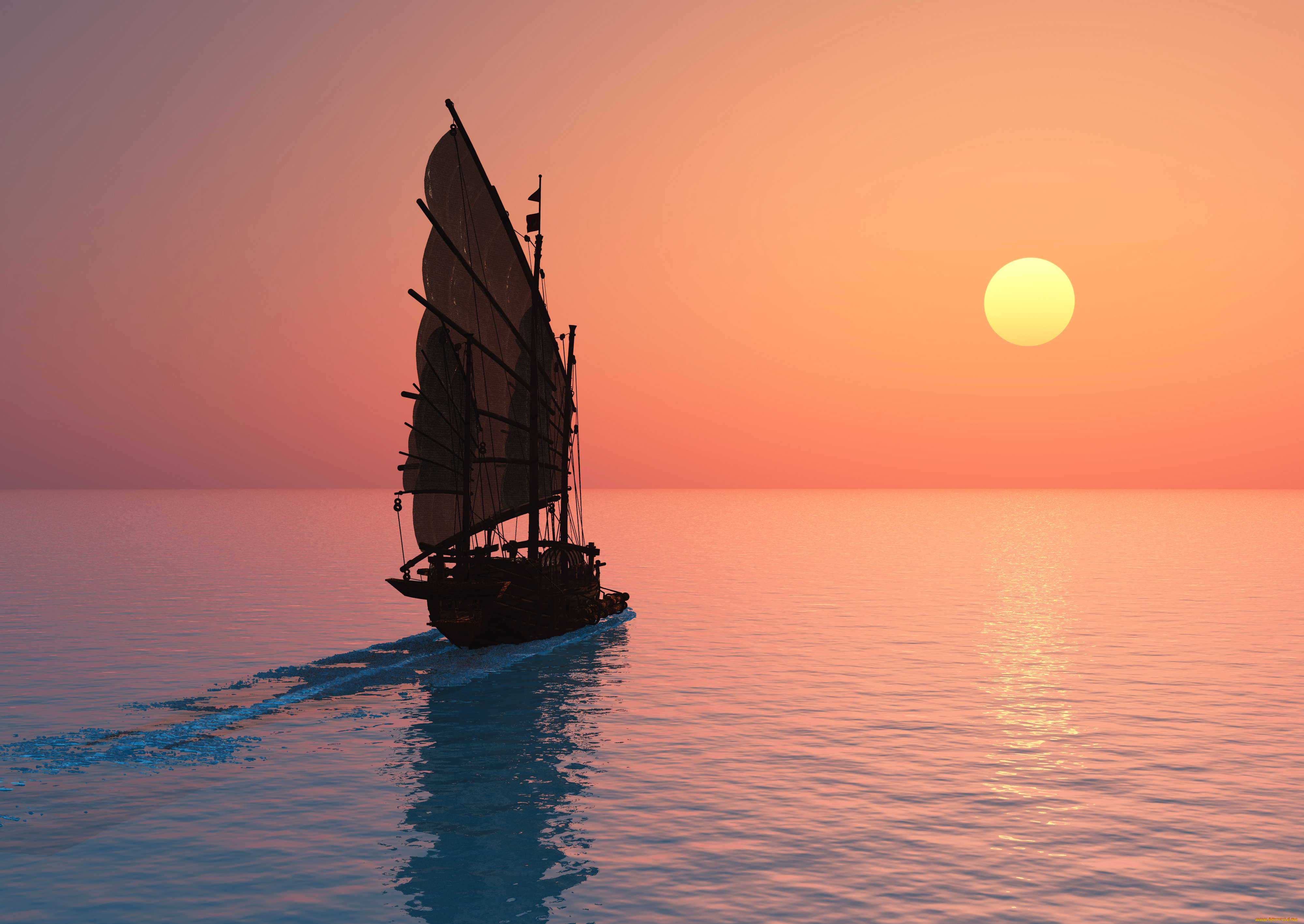 3д, графика, море, , sea, парусник, закат, море