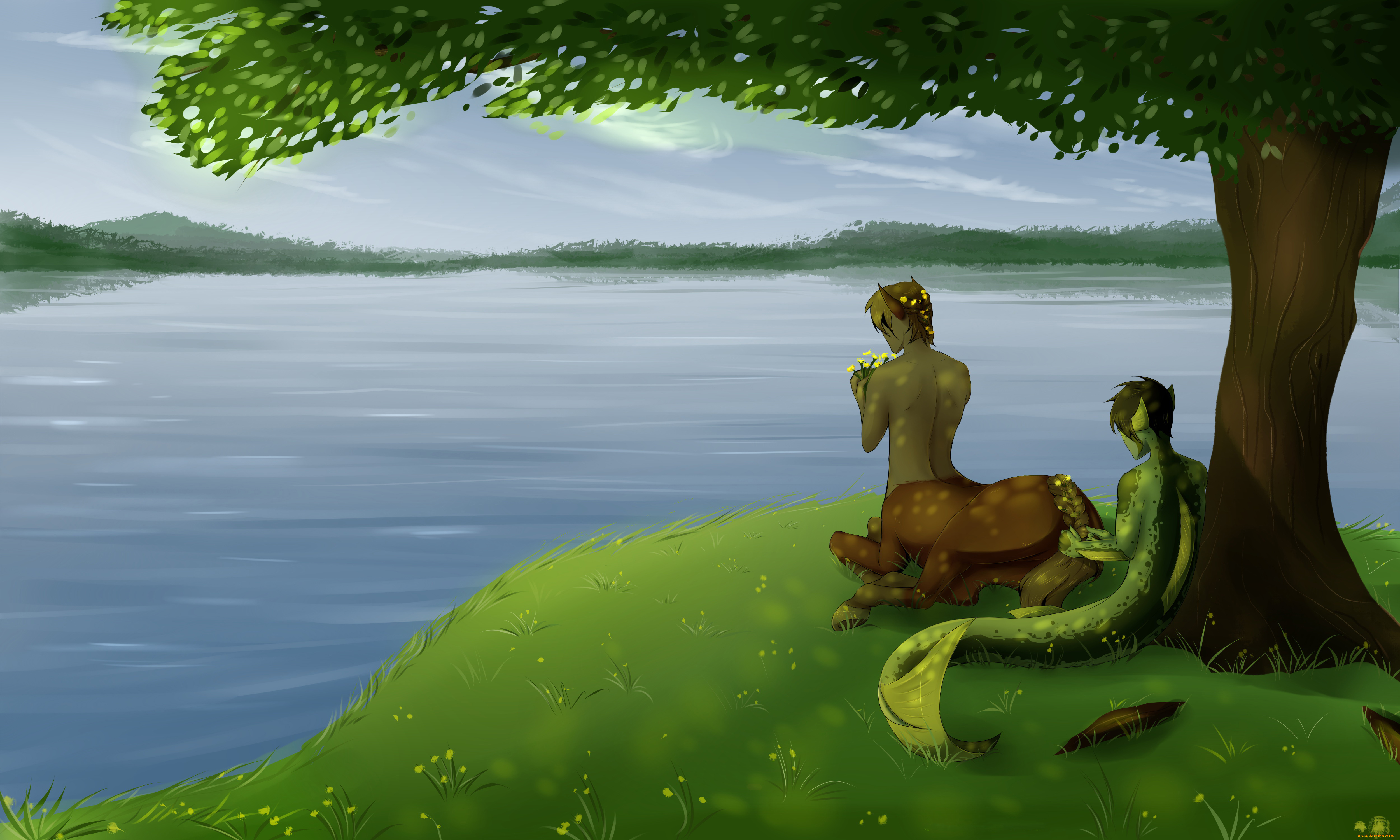 рисованное, комиксы, озеро, существа, фон