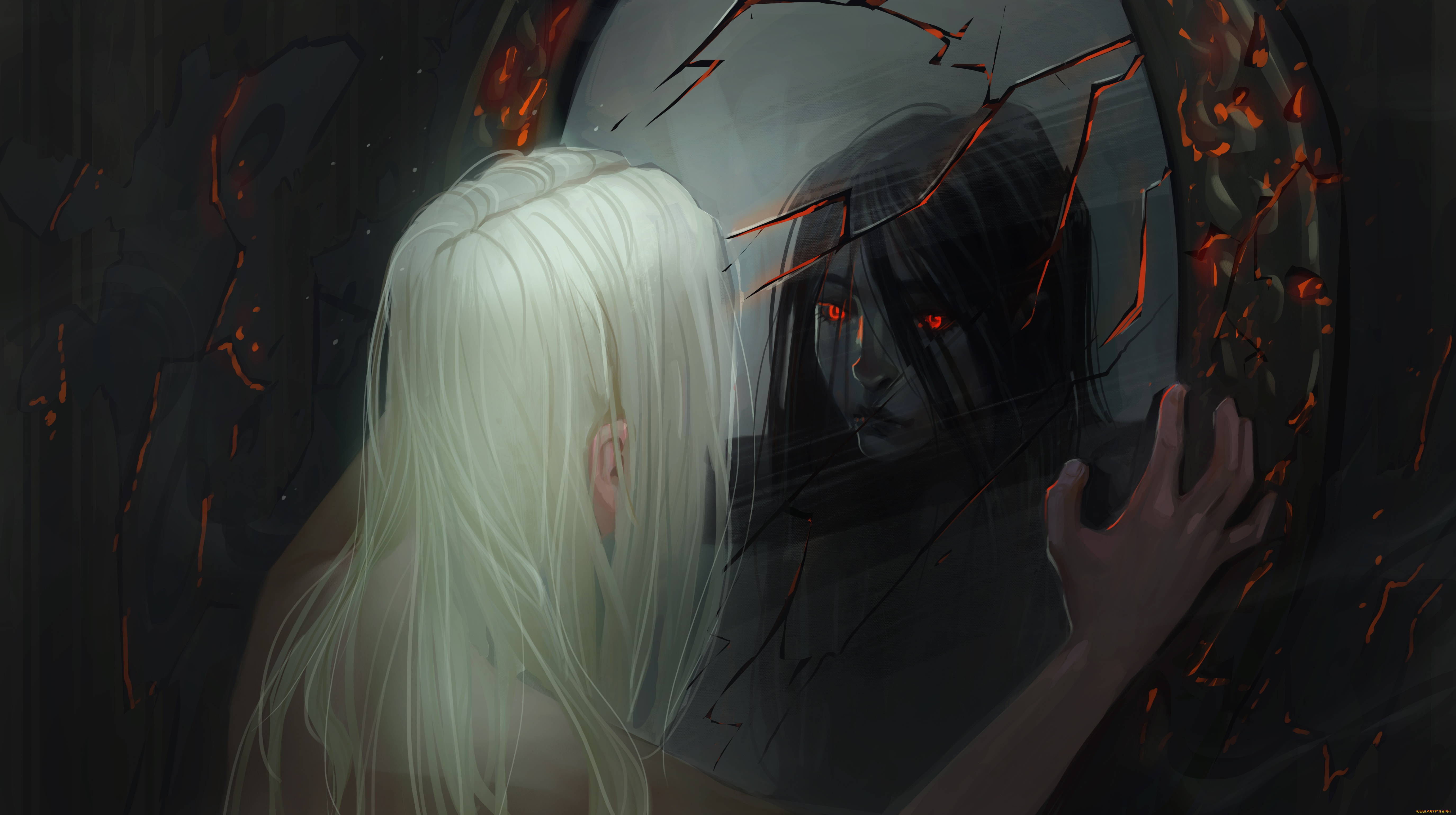 фэнтези, демоны, девушка, трещины, отражение, зеркало, демон