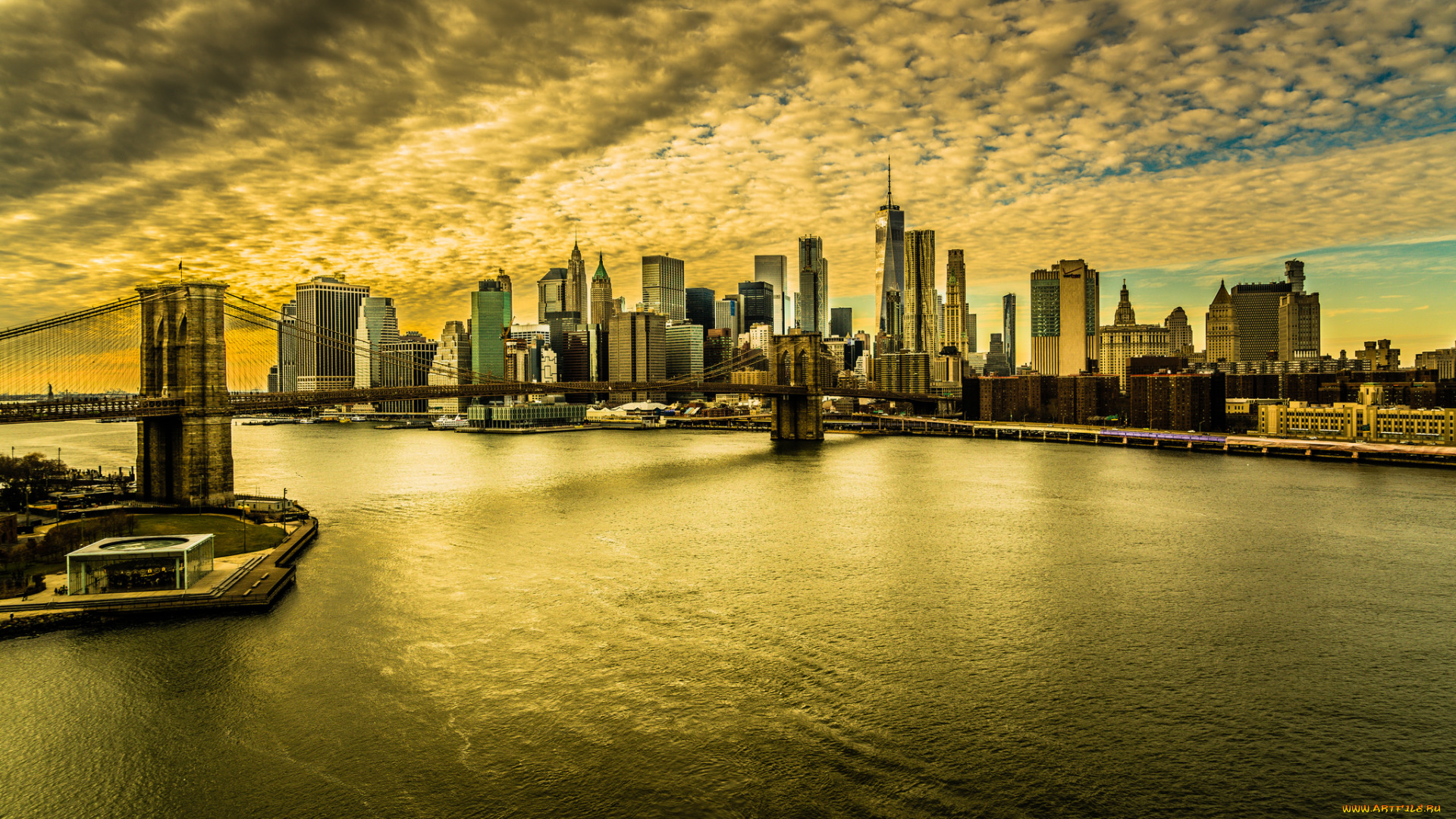 brooklyn, bridge, and, the, downtown, district, города, нью-йорк, , сша, простор