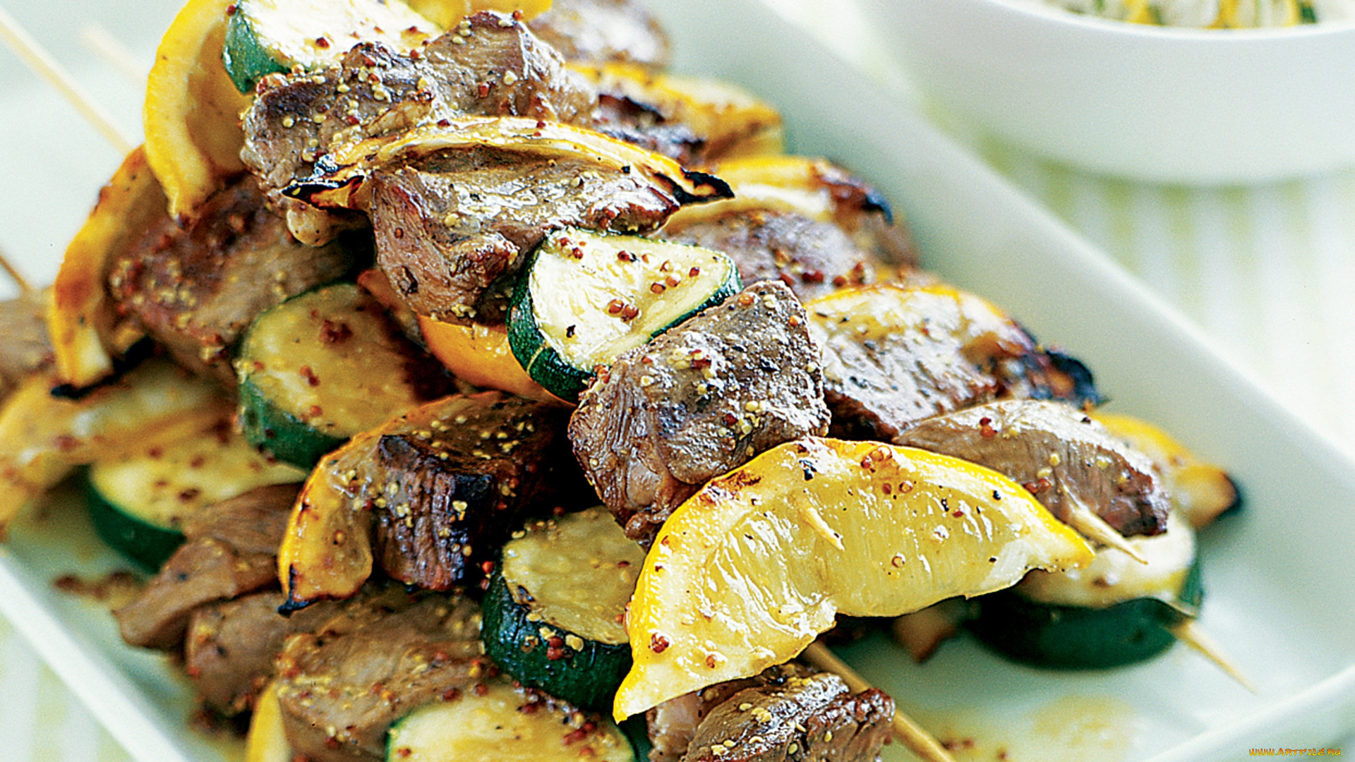 еда, шашлык, , барбекю, цуккини, лимон, мясо