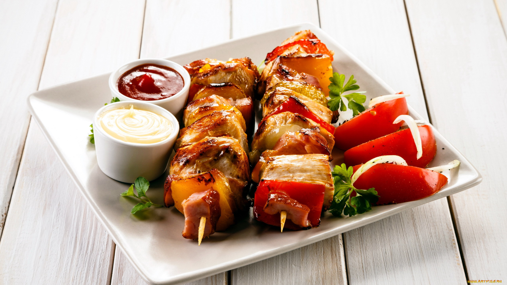 еда, шашлык, , барбекю, помидоры, горчица, соус, мясо, томаты