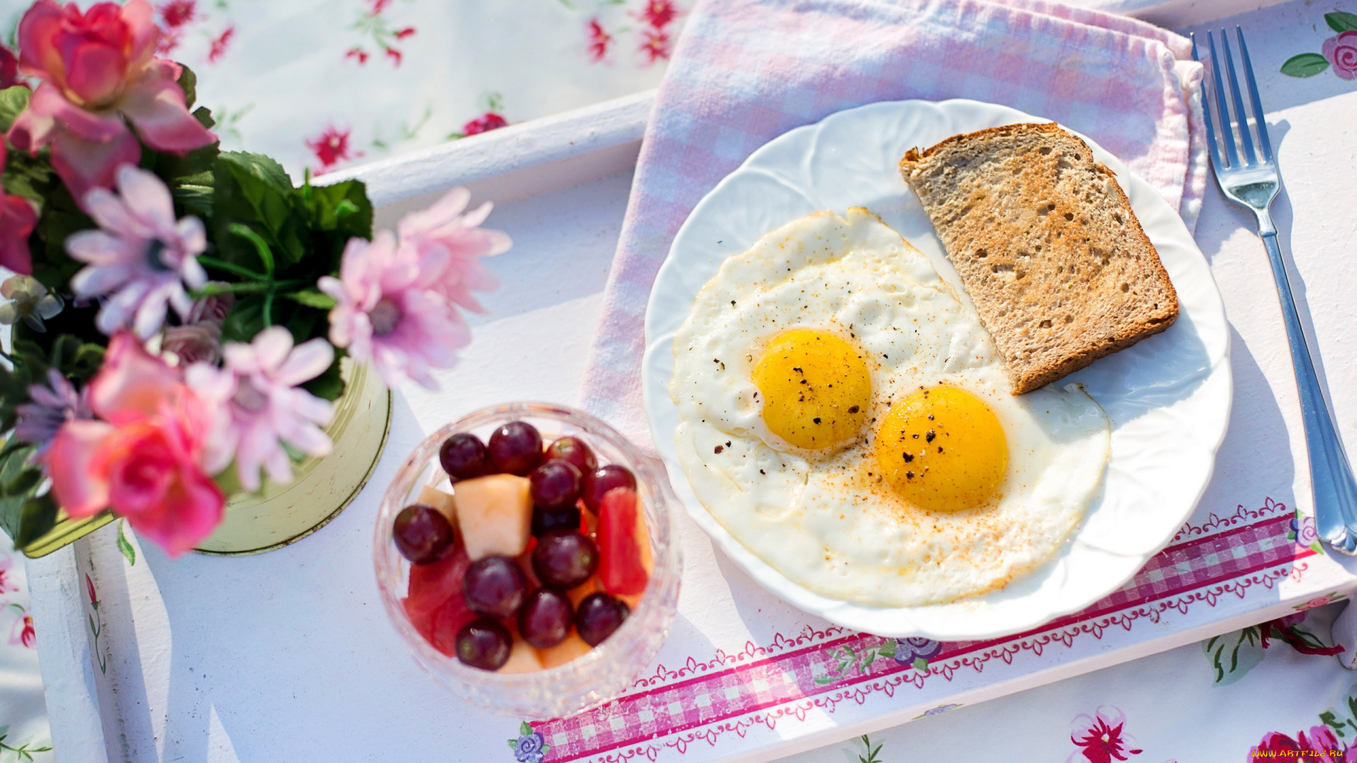 еда, Яичные, блюда, яичница, завтрак, хлеб, глазунья