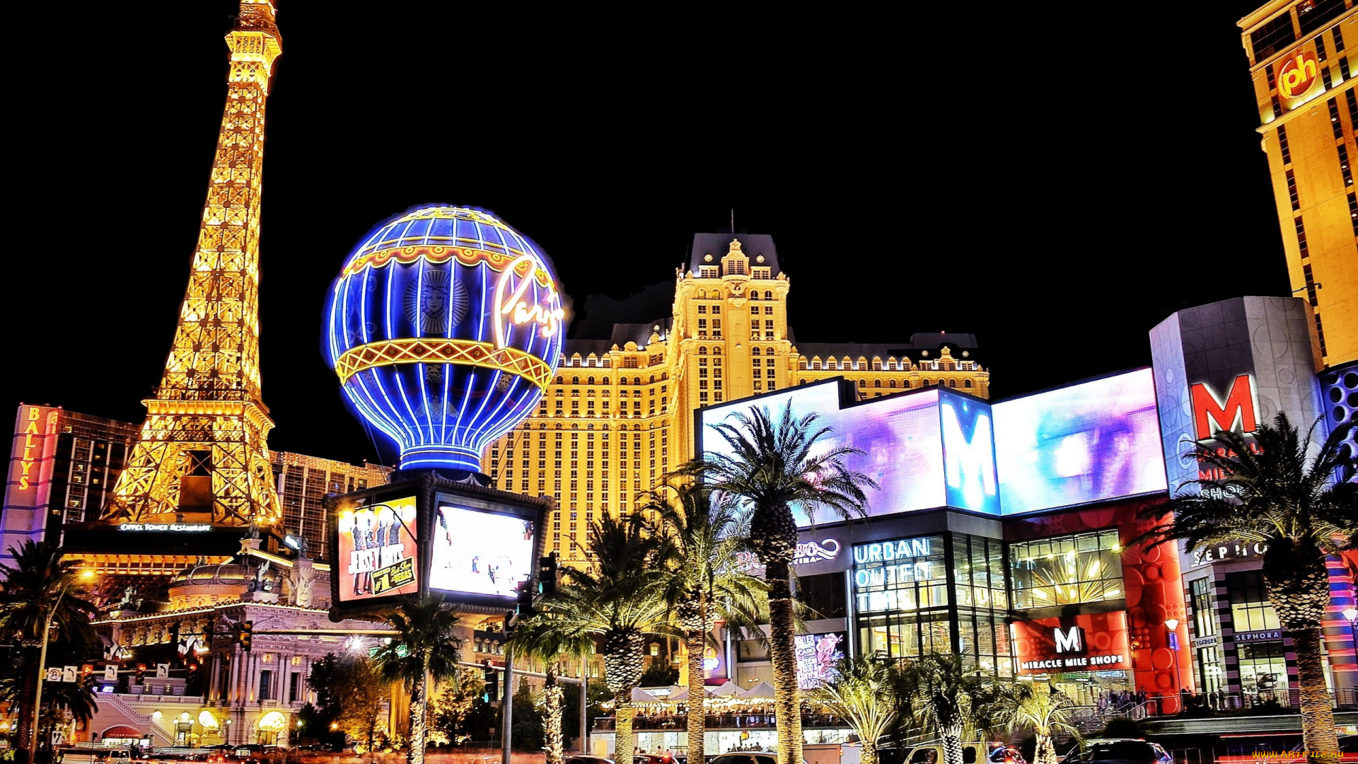 города, лас-вегас, , сша, огни, пальмы, вечер