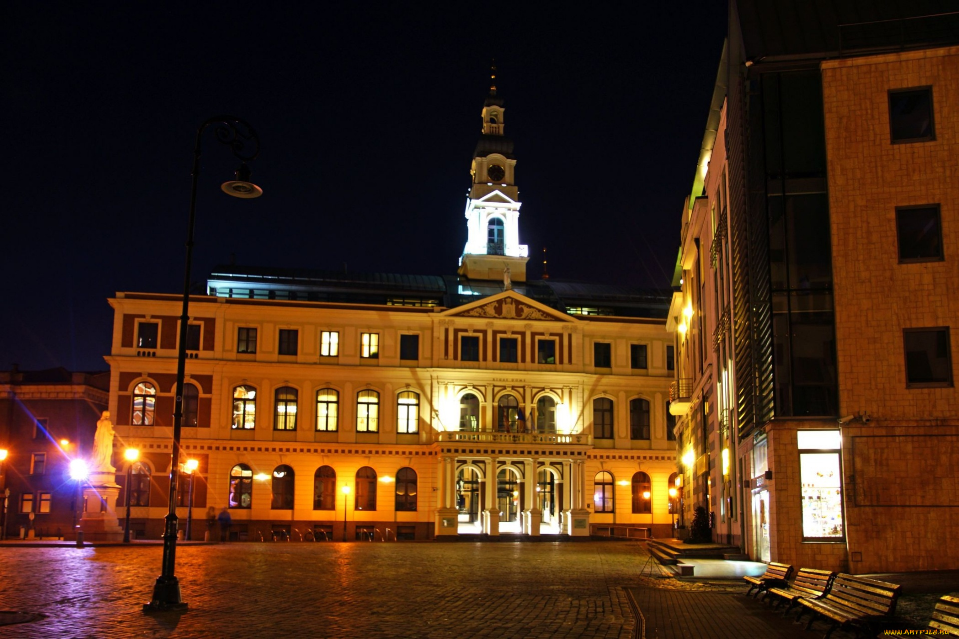 города, рига, , латвия, огни, вечер, площадь