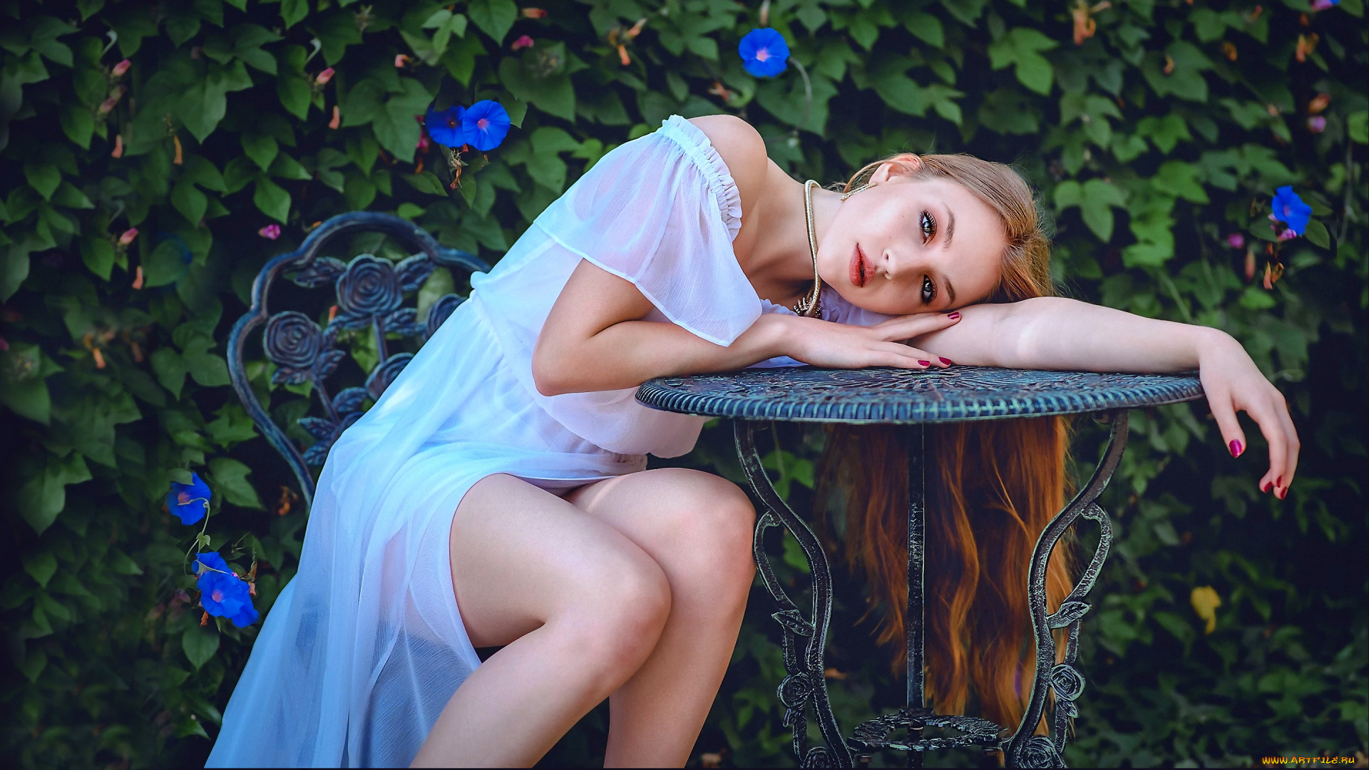 девушки, -unsort, , рыжеволосые, и, другие, печаль, стол, зеленый, фон