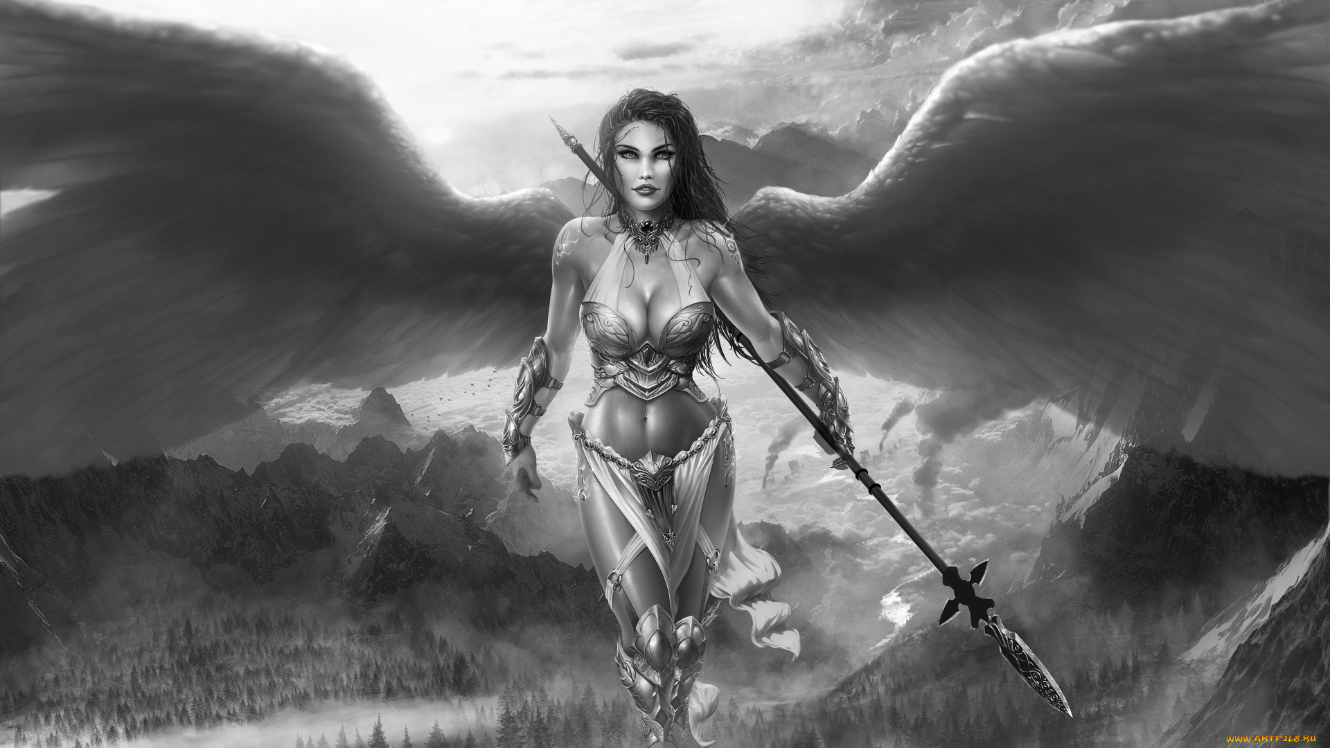 фэнтези, ангелы, девушка, фон, взгляд, крылья, копьё