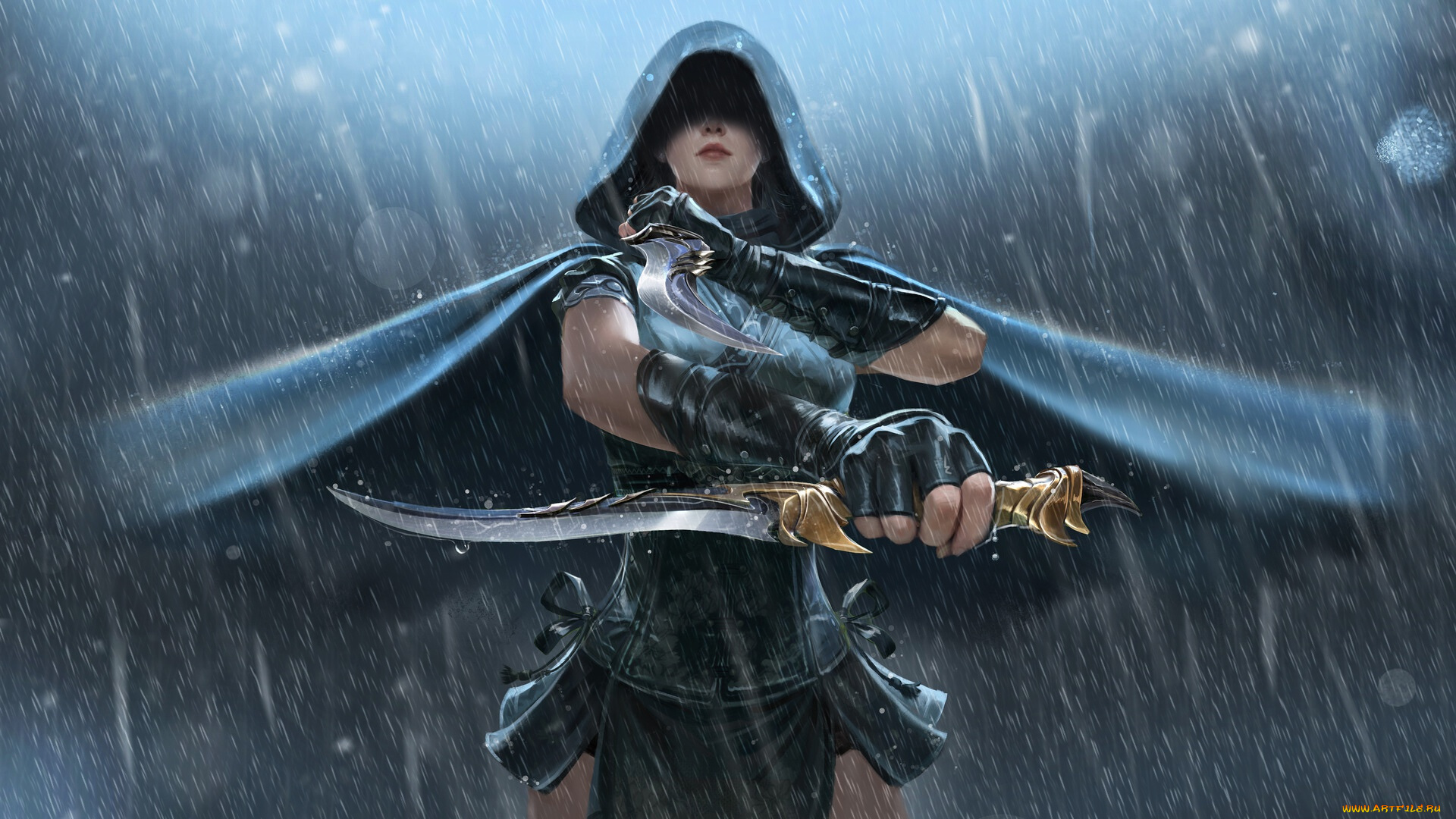 фэнтези, девушки, ассасины, fantasy, art, оружие, девушка, дождь