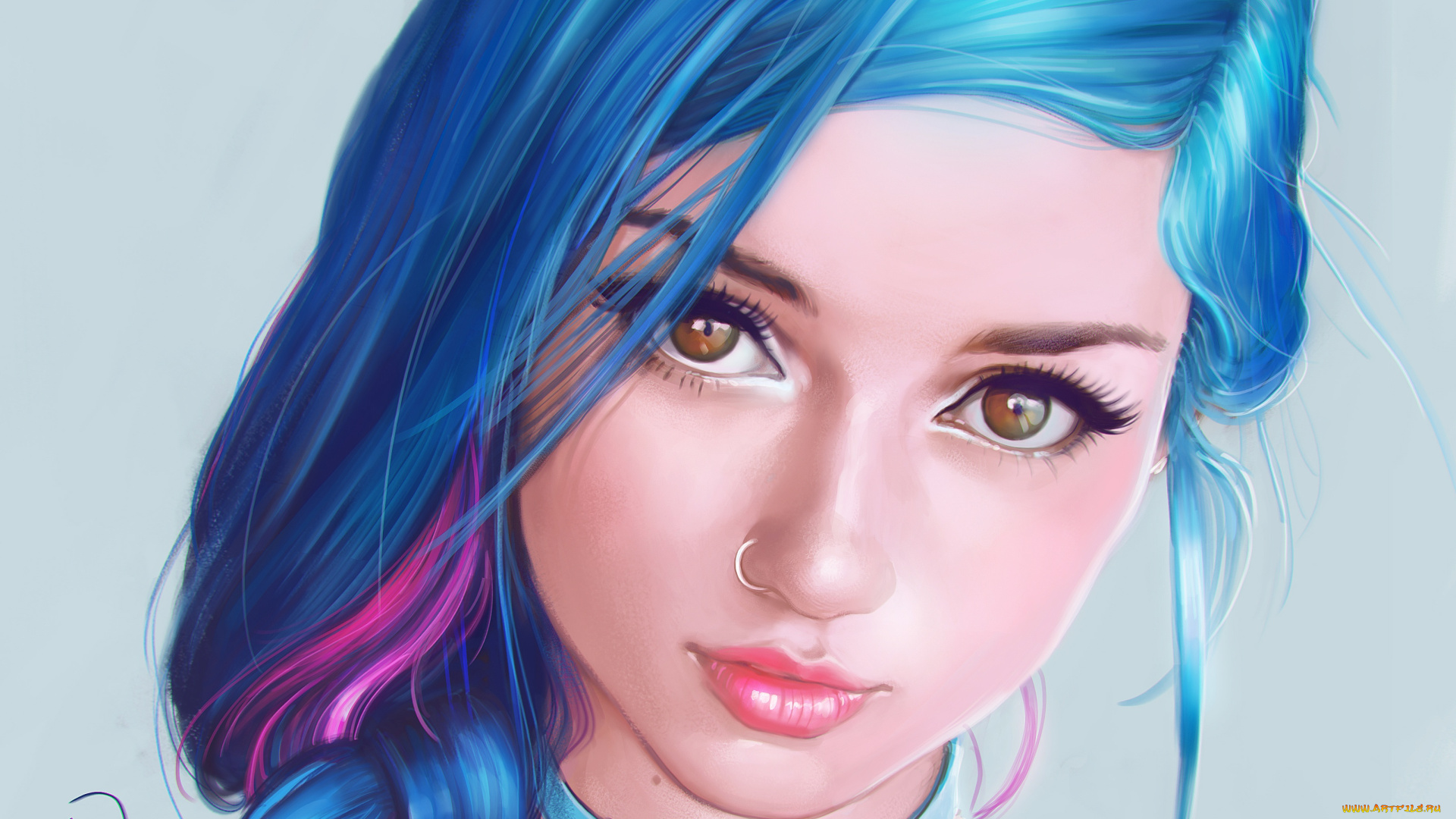 рисованное, люди, синие, волосы