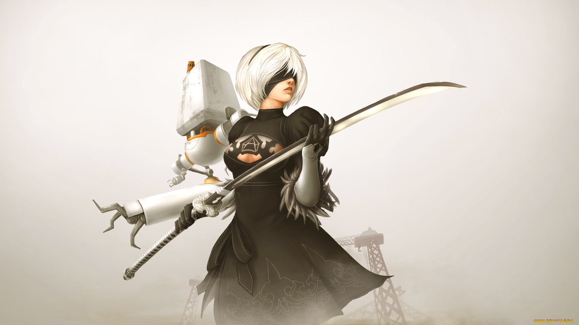 видео, игры, nier, , automata, девушка, фон, повязка, платье, меч