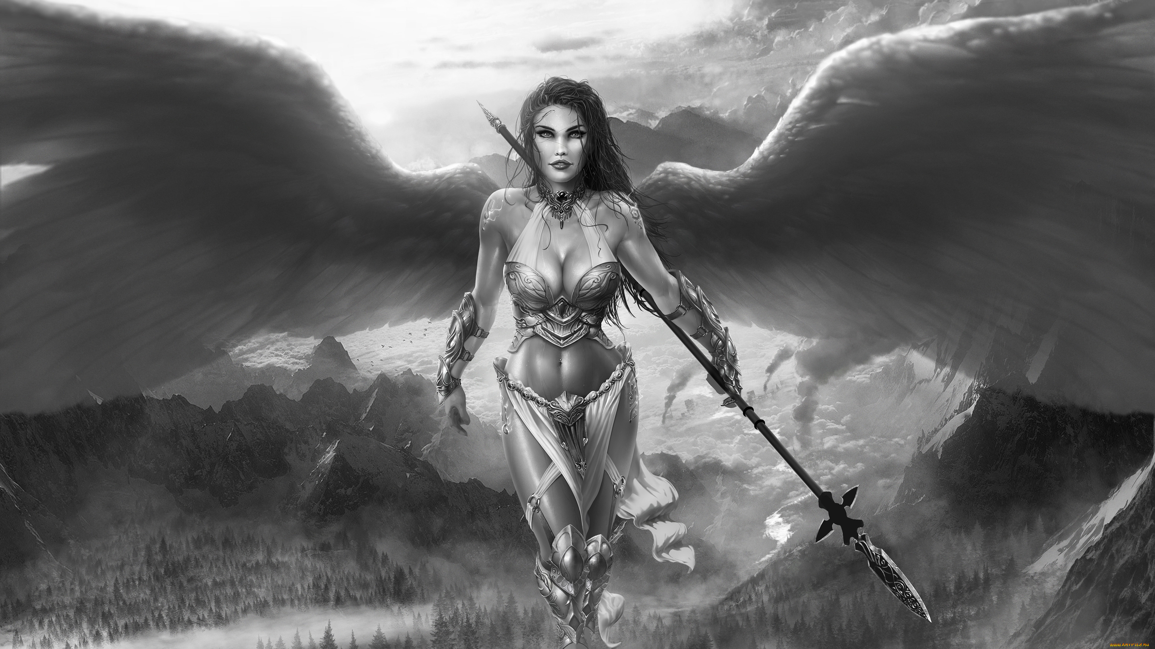 фэнтези, ангелы, девушка, фон, взгляд, крылья, копьё