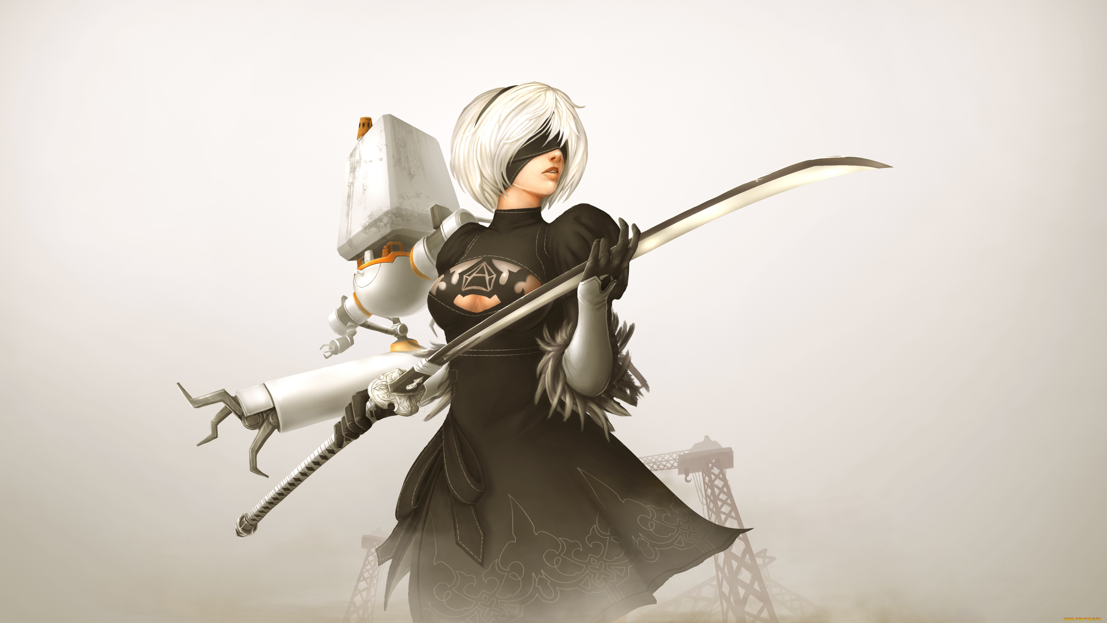 видео, игры, nier, , automata, девушка, фон, повязка, платье, меч