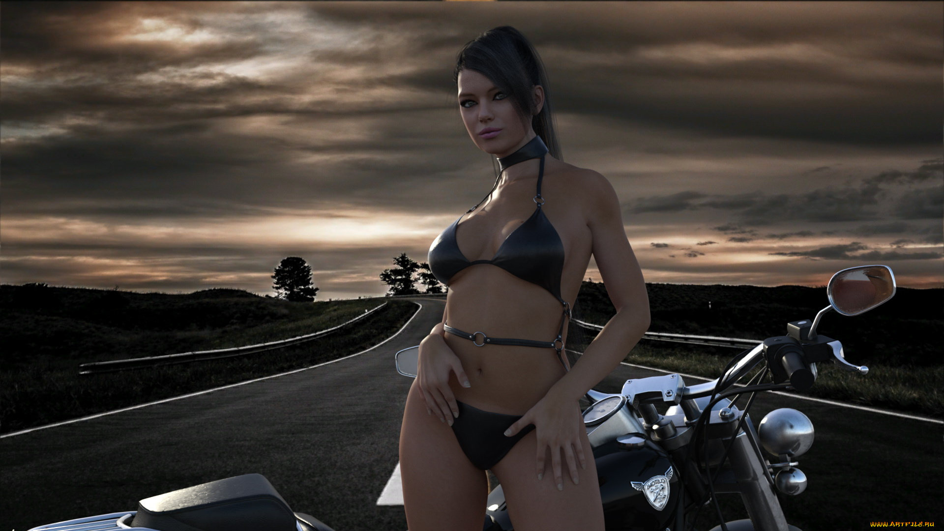 3д, графика, люди-авто, мото, , people-, car, , , moto, девушка, фон, взгляд, мотоцикл