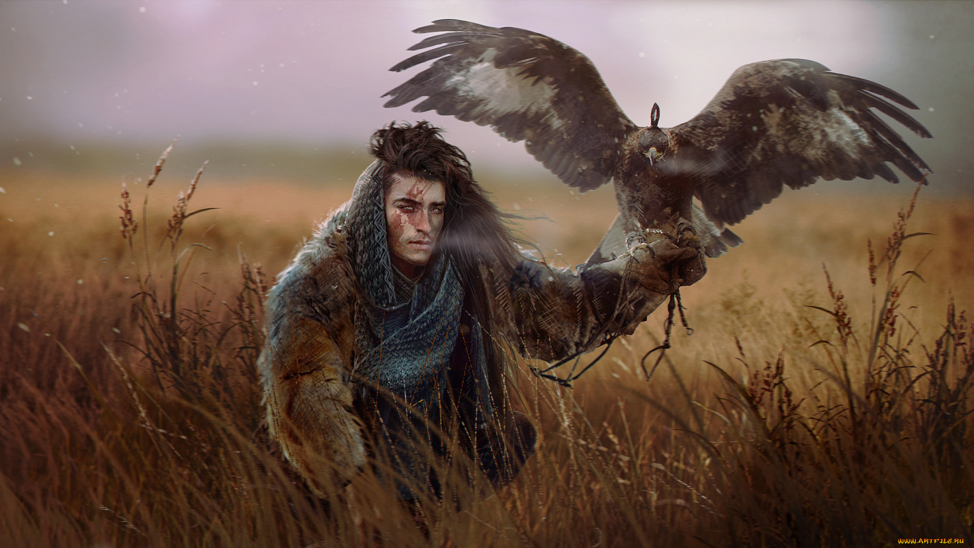 3д, графика, люди, и, животные, , people, and, animals, мужчина, фон, взгляд, ястреб