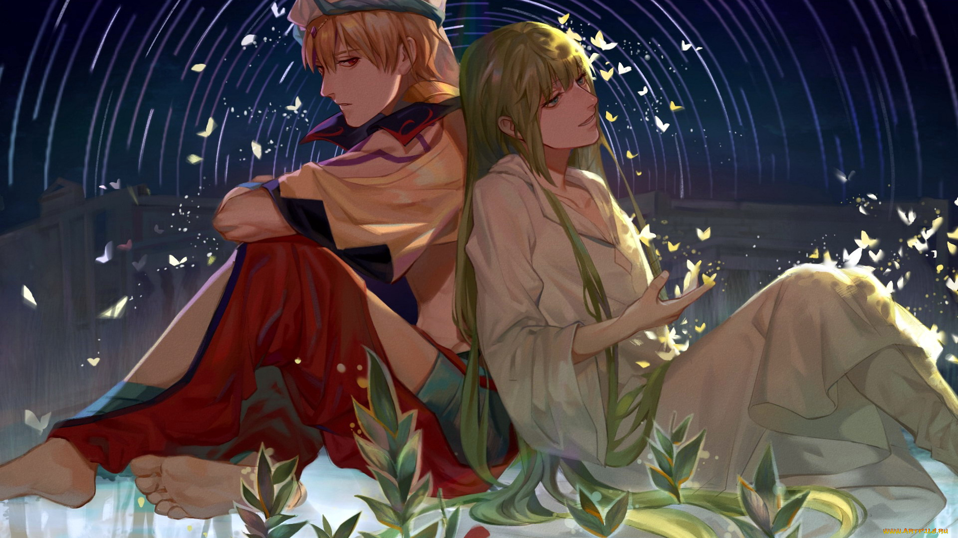 аниме, gilgamesh, парни, бабочки, цветы