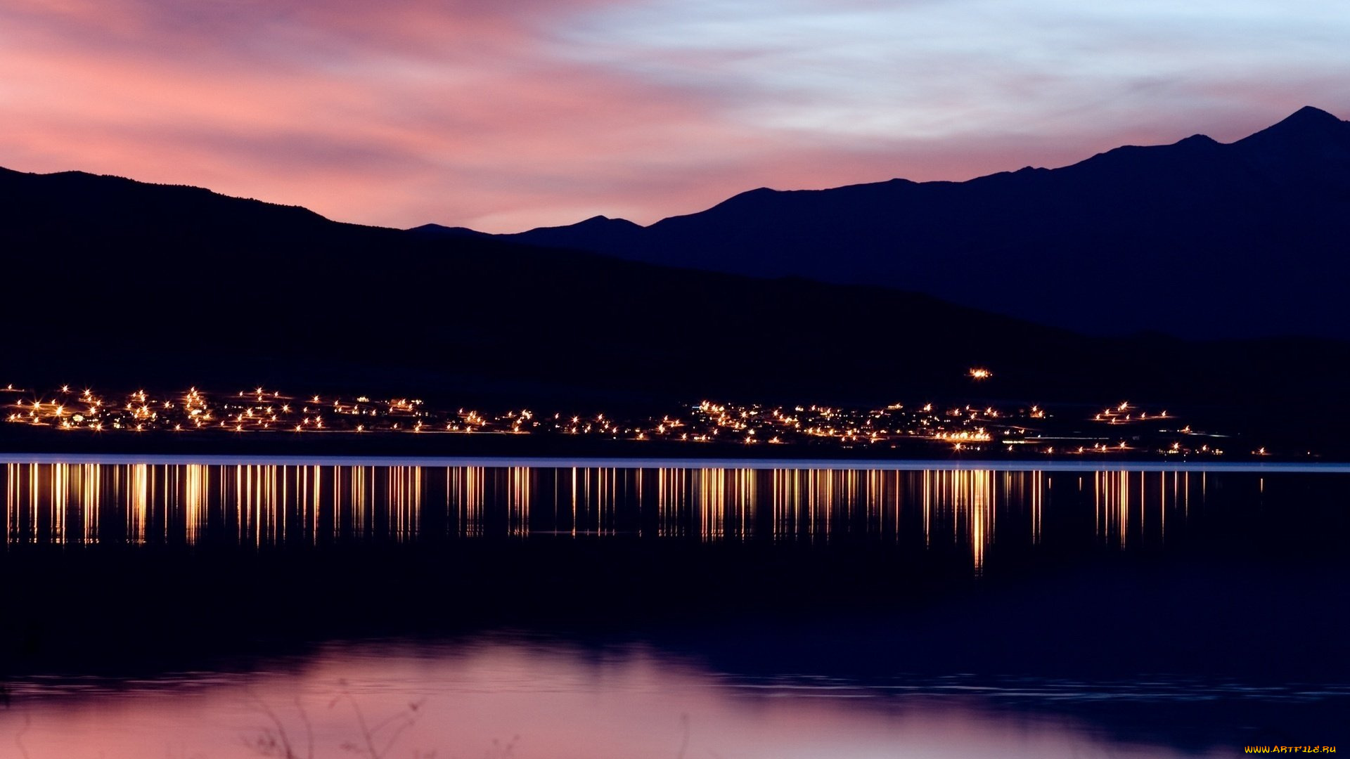 города, -, огни, ночного, города, закат, озеро, огни, горы, поселок